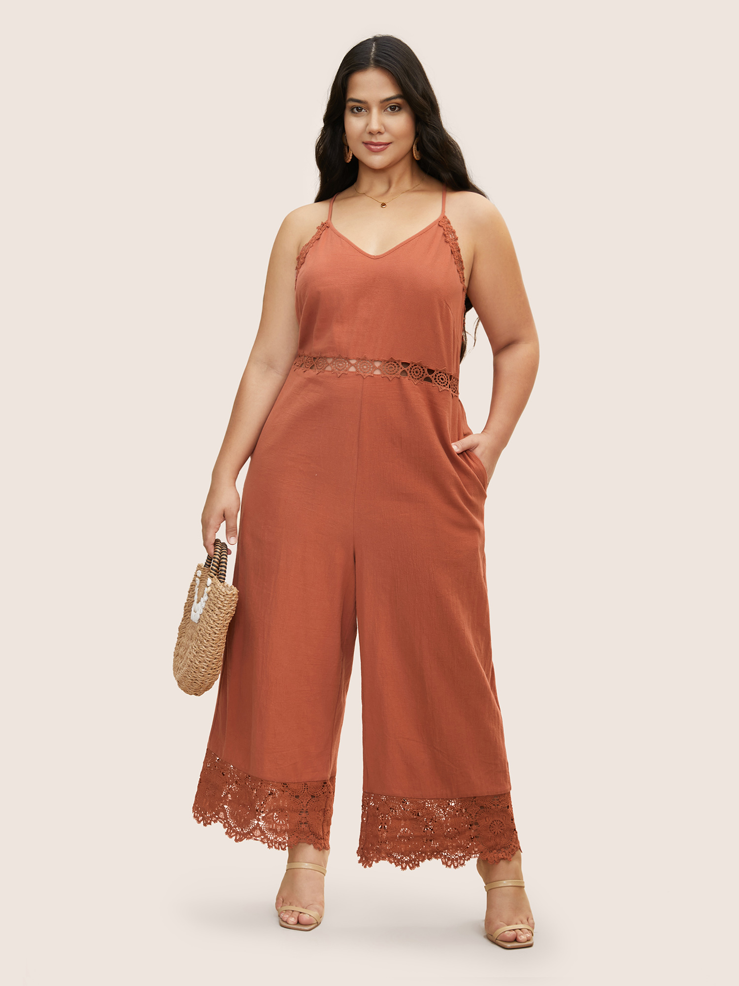 

Plus Size OrangeRed Cotton Plain Cut Out Lace Panel Jumpsuit Women Resort Sleeveless V-neck Vacation Loose Jumpsuits BloomChic