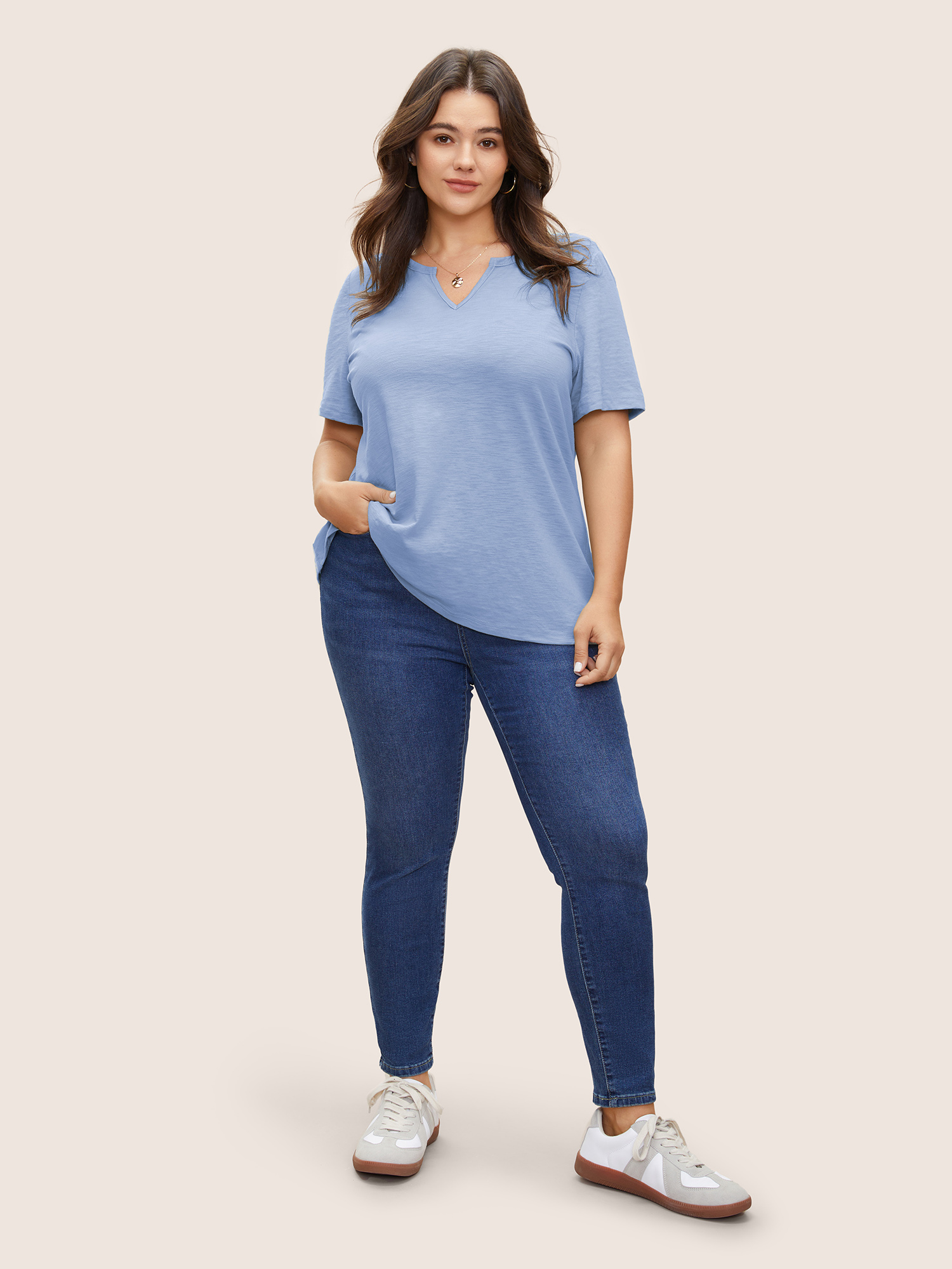 

Plus Size Solid Plisse Notched T-shirt LightBlue Women Casual Non Plain Notched collar Everyday T-shirts BloomChic