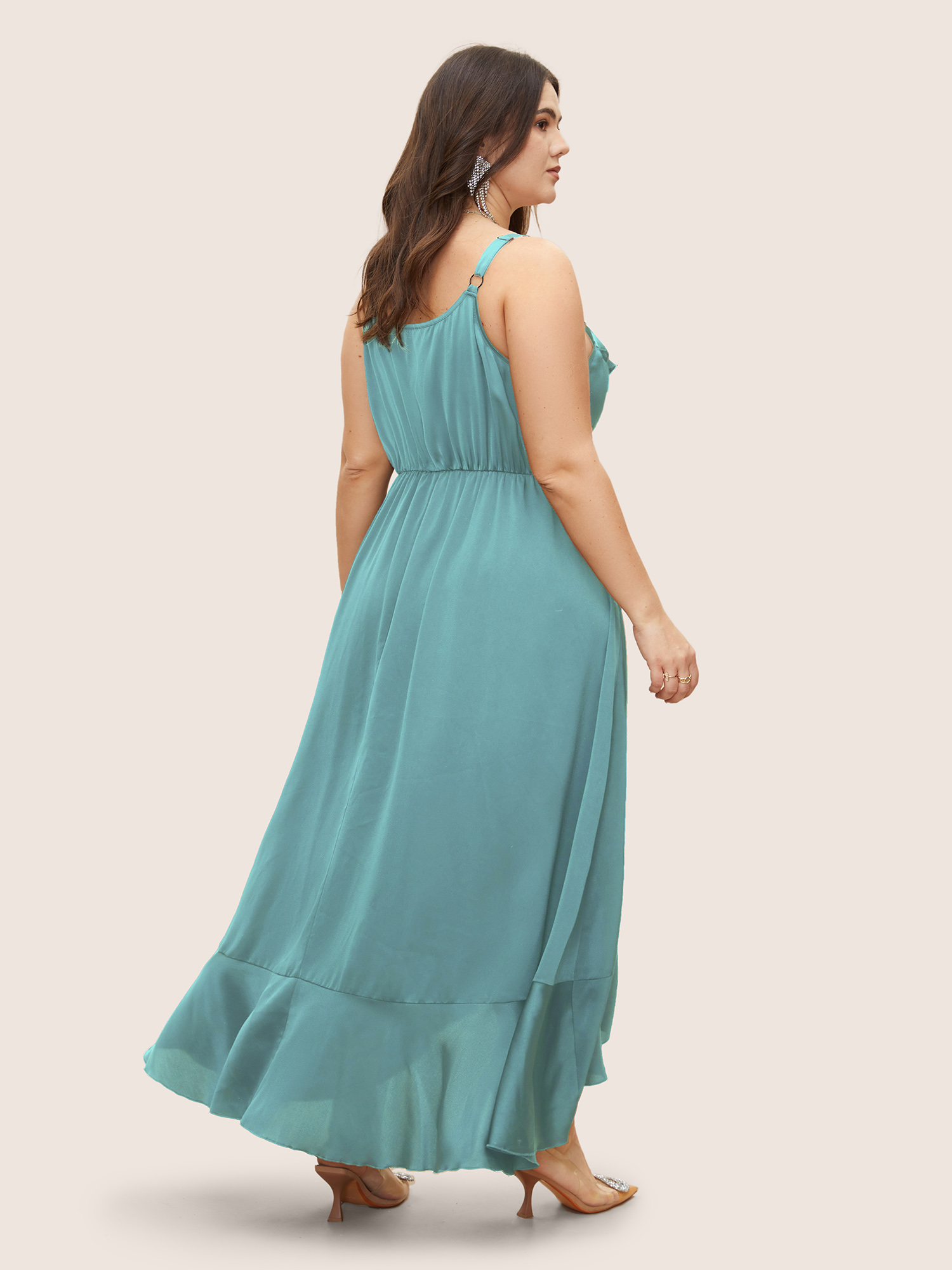 

Plus Size Satin Overlap Collar Ruffles Cami Dress Cerulean Women Formal Ruffles V-neck Sleeveless Curvy BloomChic