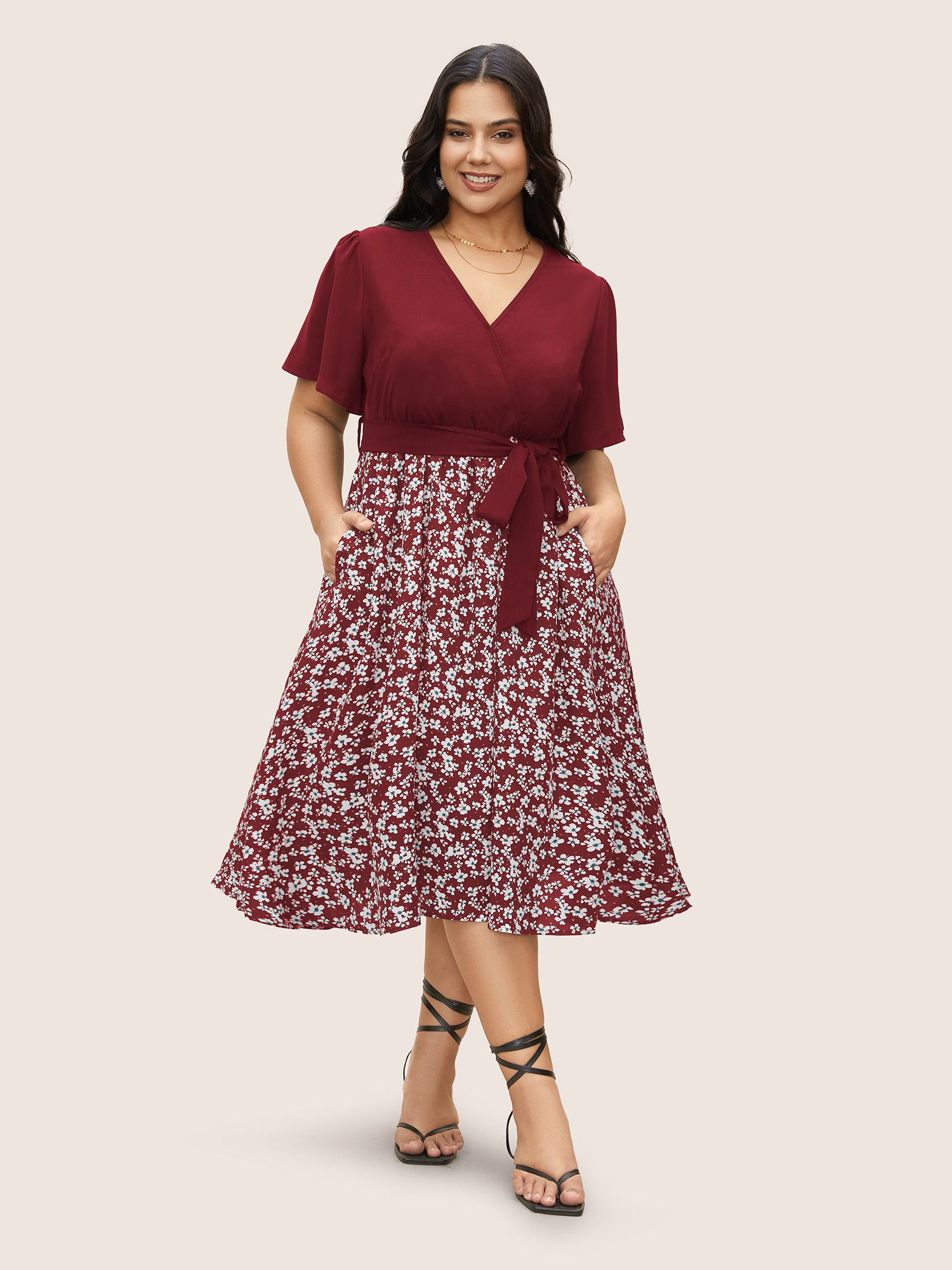 

Plus Size Ditsy Floral Patchwork Ruffle Sleeve Belted Dress Burgundy Women Overlapping V-neck Short sleeve Curvy BloomChic