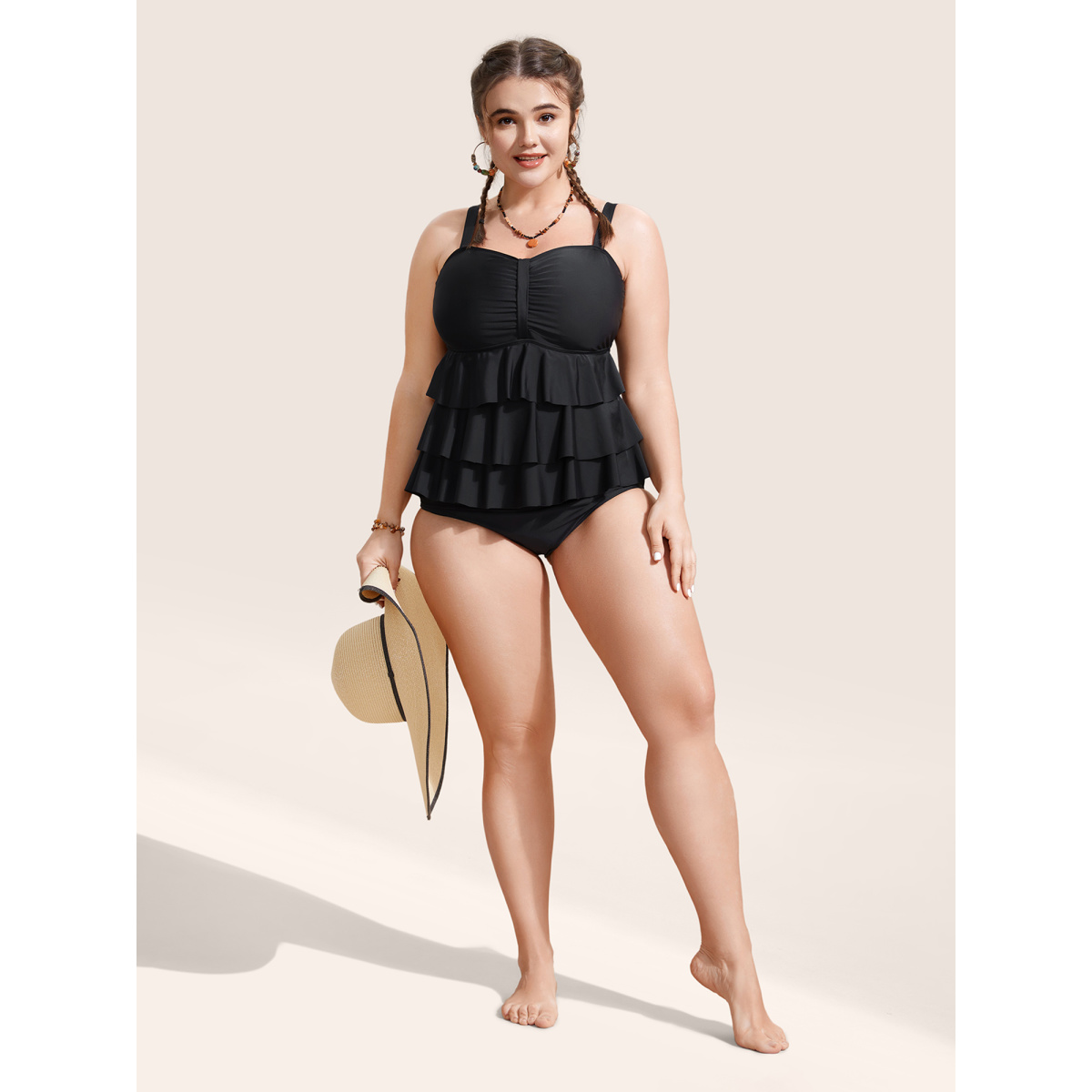 

Plus Size Solid Tiered Ruffles Ruched One Piece Swimsuit Women's Swimwear Black Beach Gathered Curve Bathing Suits High stretch One Pieces BloomChic