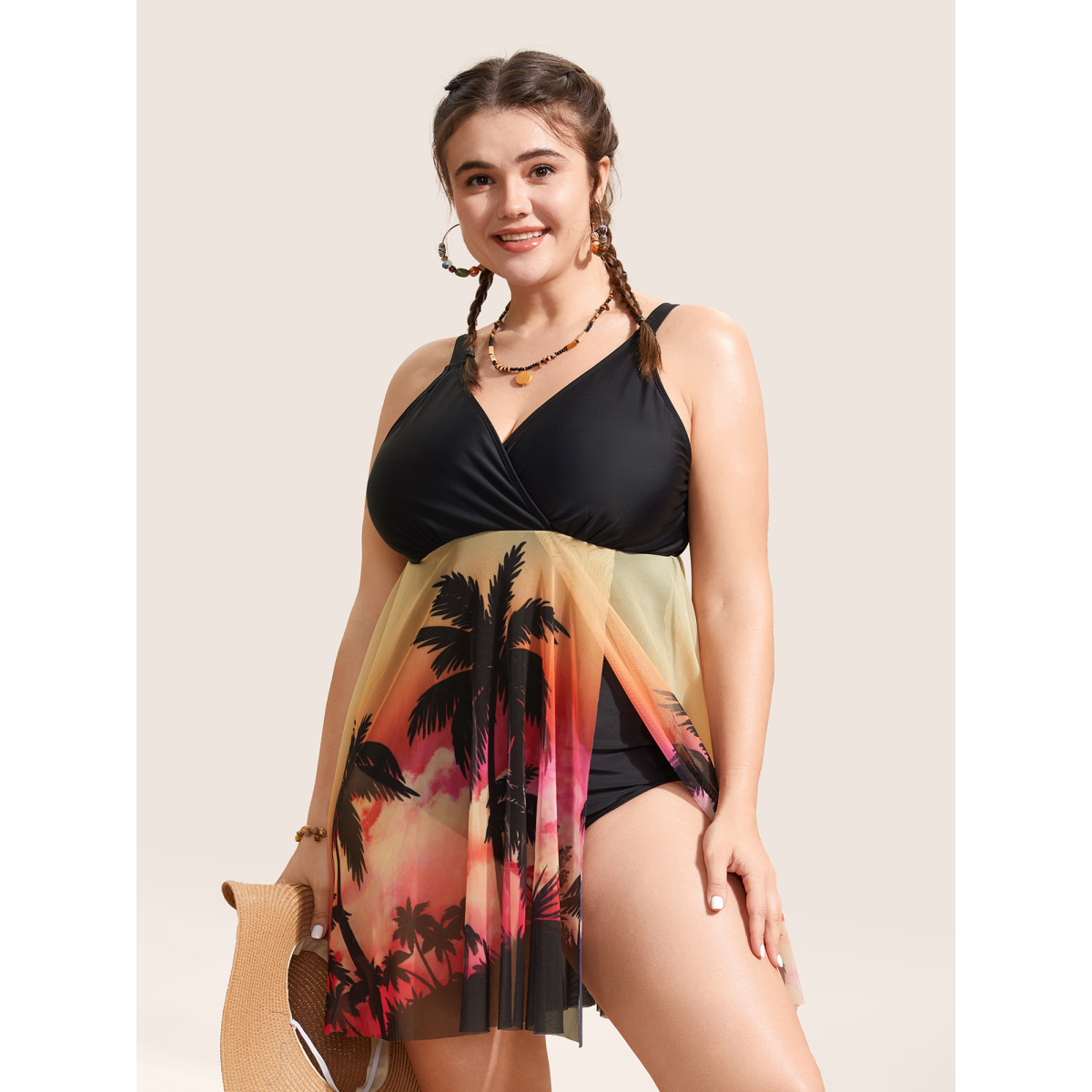 

Plus Size Tropical Print Slit Hem See Through Swim Dress Women's Swimwear Multicolor Beach Bodycon Overlap Collar High stretch Curve Swim Dresses BloomChic