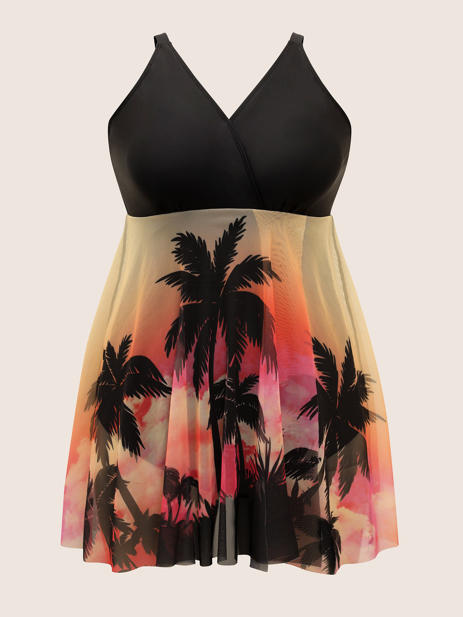 Plus Size Tropical Print Slit Hem See Through Swim Dress Women`s Swimwear Multicolor Beach Bodycon Overlap Collar High stretch Curve Swim Dresses BloomChic 26/4X 