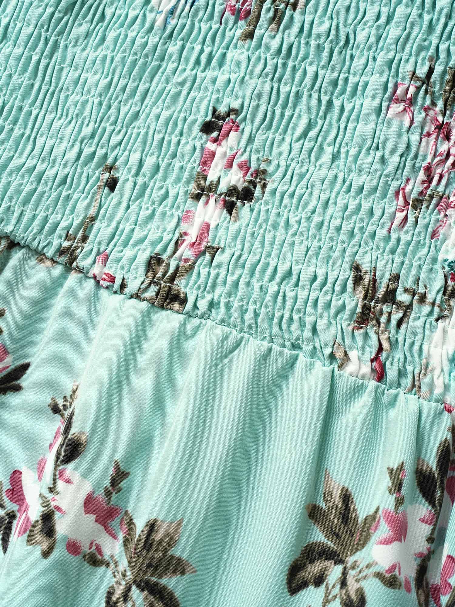 Plus Size Floral Square Neck Ruffles Pocket Shirred Split Dress Turquoise Women Non Curvy BloomChic 28/5X 