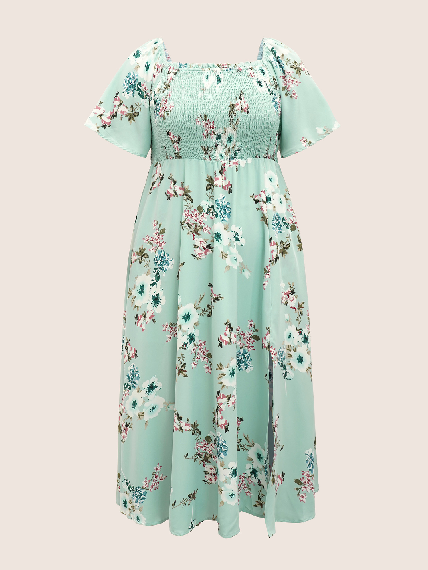 Plus Size Floral Square Neck Ruffles Pocket Shirred Split Dress Turquoise Women Non Curvy BloomChic 28/5X 