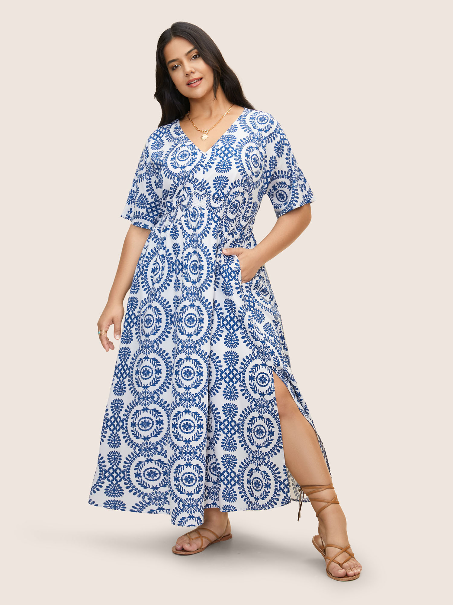 

Plus Size Bandana Print Shirred Split Side Maxi Dress Mediumblue Women Shirred V-neck Short sleeve Curvy BloomChic