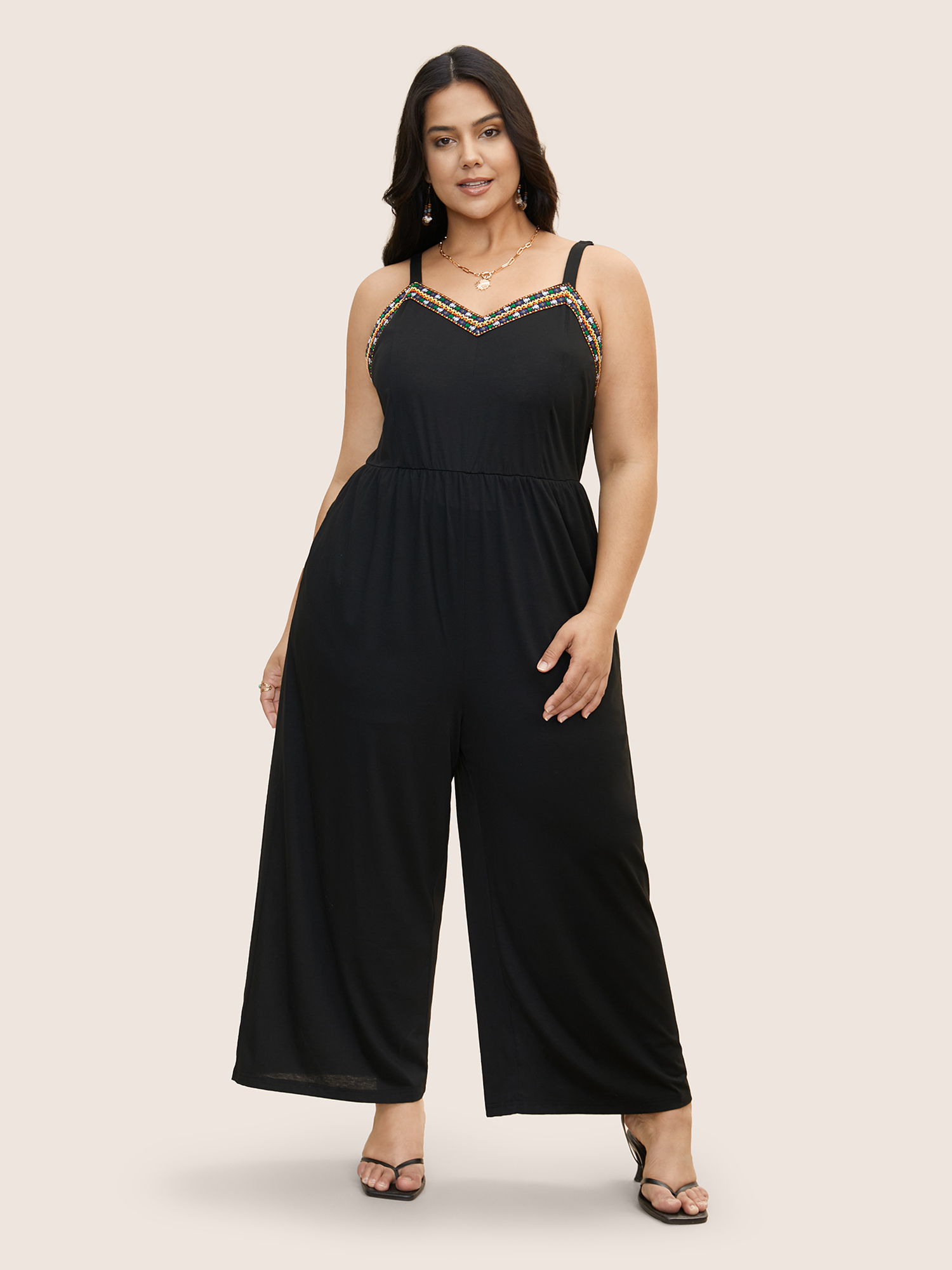 

Plus Size Black V Neck Woven Ribbon Pocket Jumpsuit Women Resort Sleeveless V-neck Vacation Loose Jumpsuits BloomChic