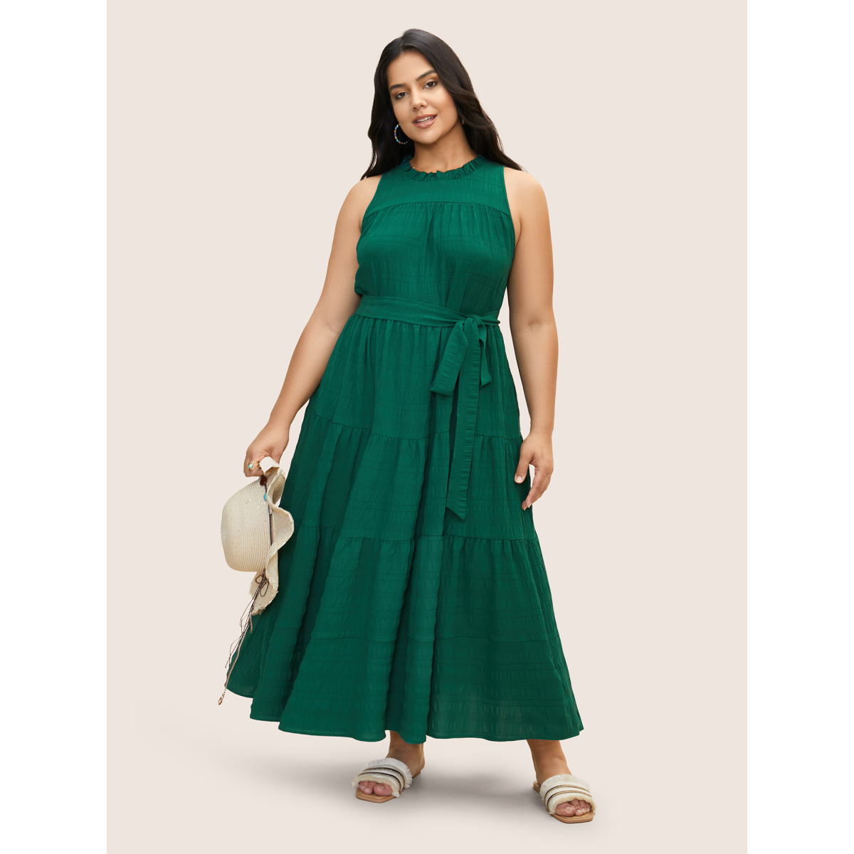 

Plus Size Plain Textured A-line Frill Trim Dress Emerald Women Texture Mock Neck Sleeveless Curvy BloomChic