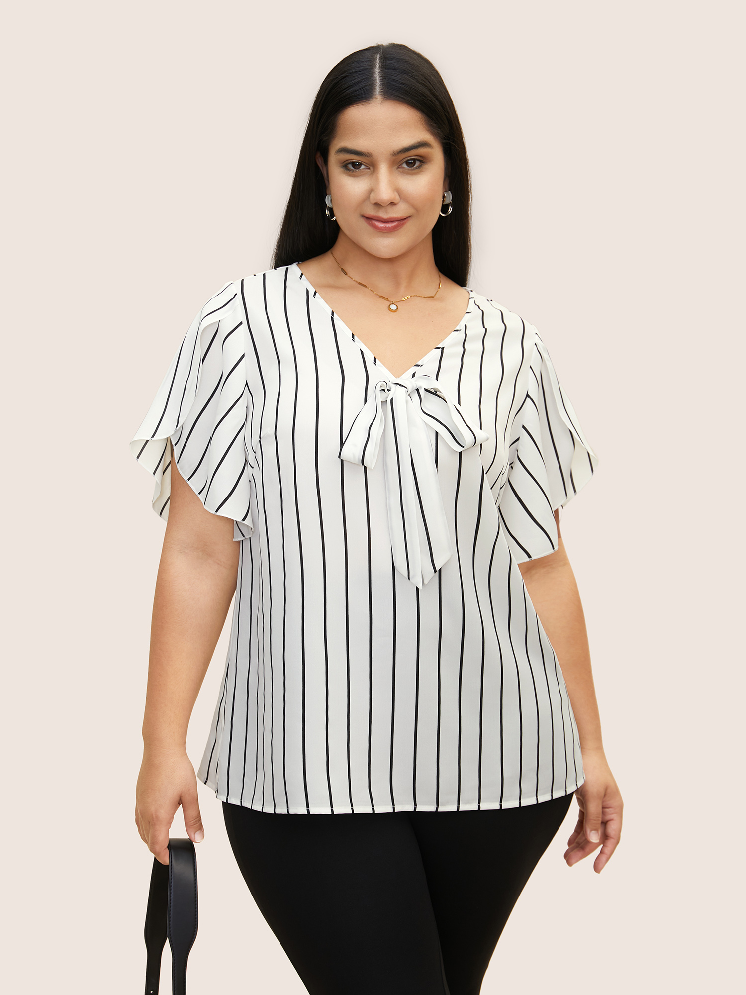 

Plus Size Originalwhite Striped Tie Knot Petal Sleeve Blouse Women Work From Home Cap Sleeve V-neck Work Blouses BloomChic