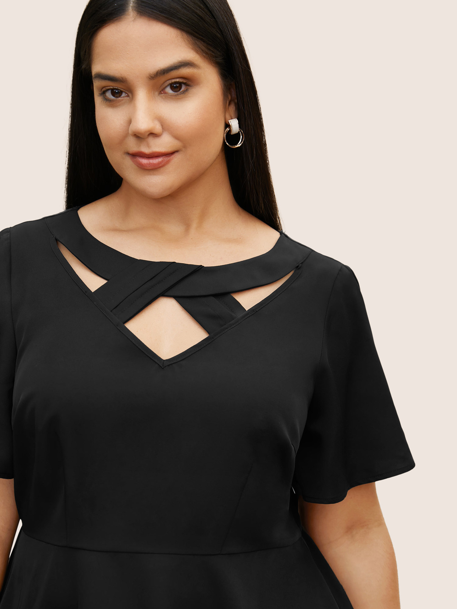 

Plus Size Black Plain Cut Out Gathered Flutter Sleeve Blouse Women Work From Home Short sleeve Round Neck Work Blouses BloomChic