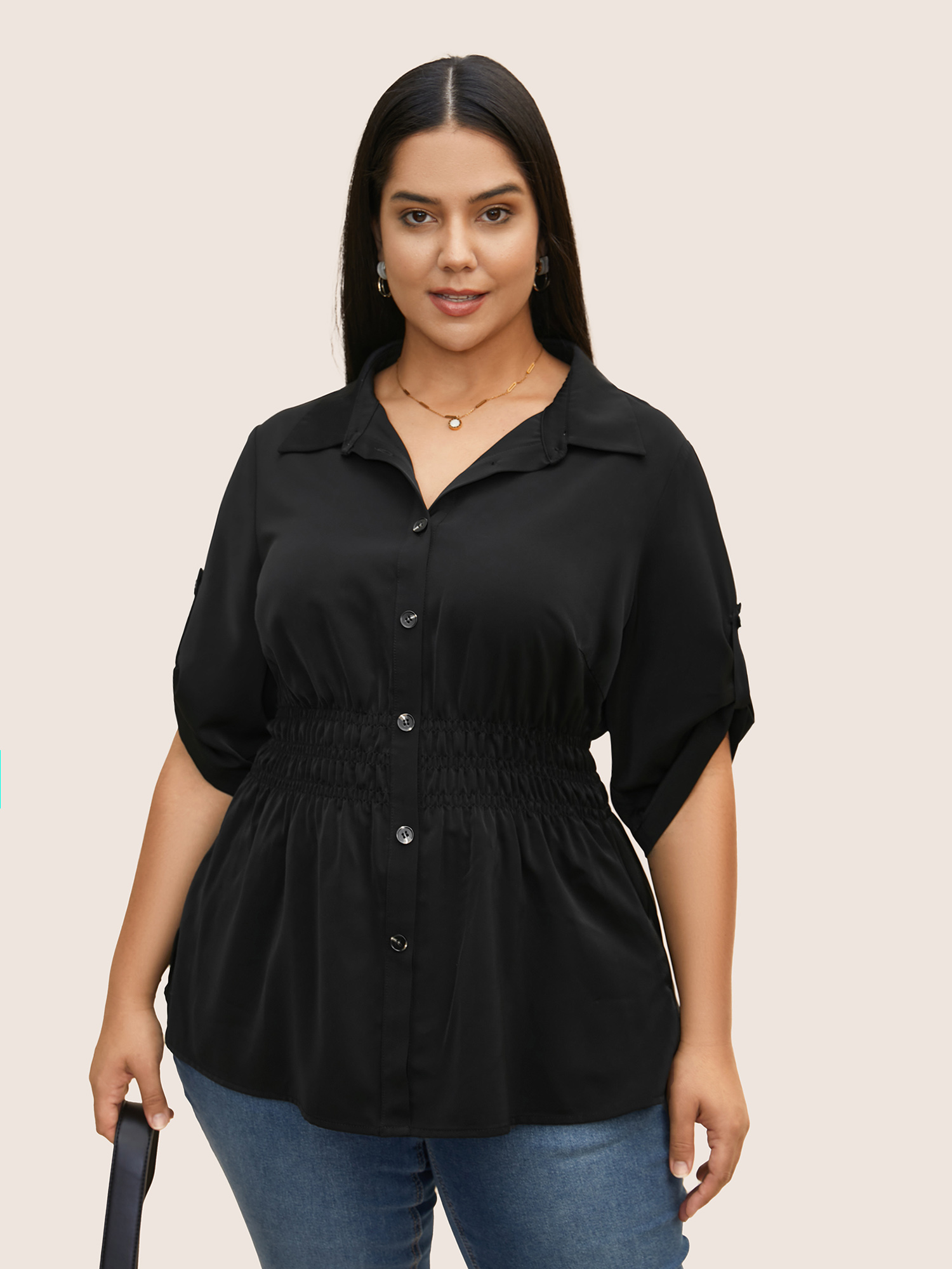 

Plus Size Black Anti-Wrinkle Shirt Collar Button Cuff Sleeve Blouse Women Work From Home Half Sleeve Shirt collar Work Blouses BloomChic