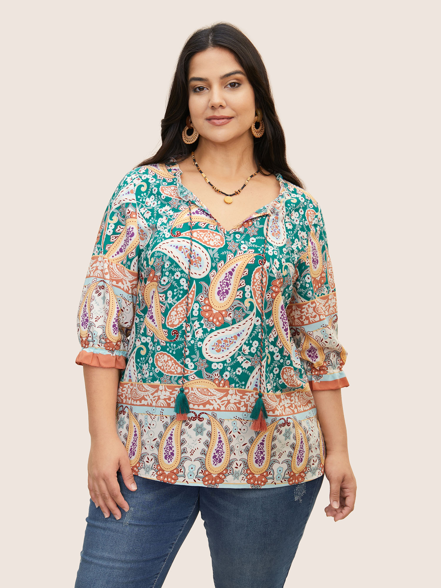 

Plus Size Emerald Boho Print Tassels Lantern Sleeve Blouse Women Resort Elbow-length sleeve Notched collar Vacation Blouses BloomChic