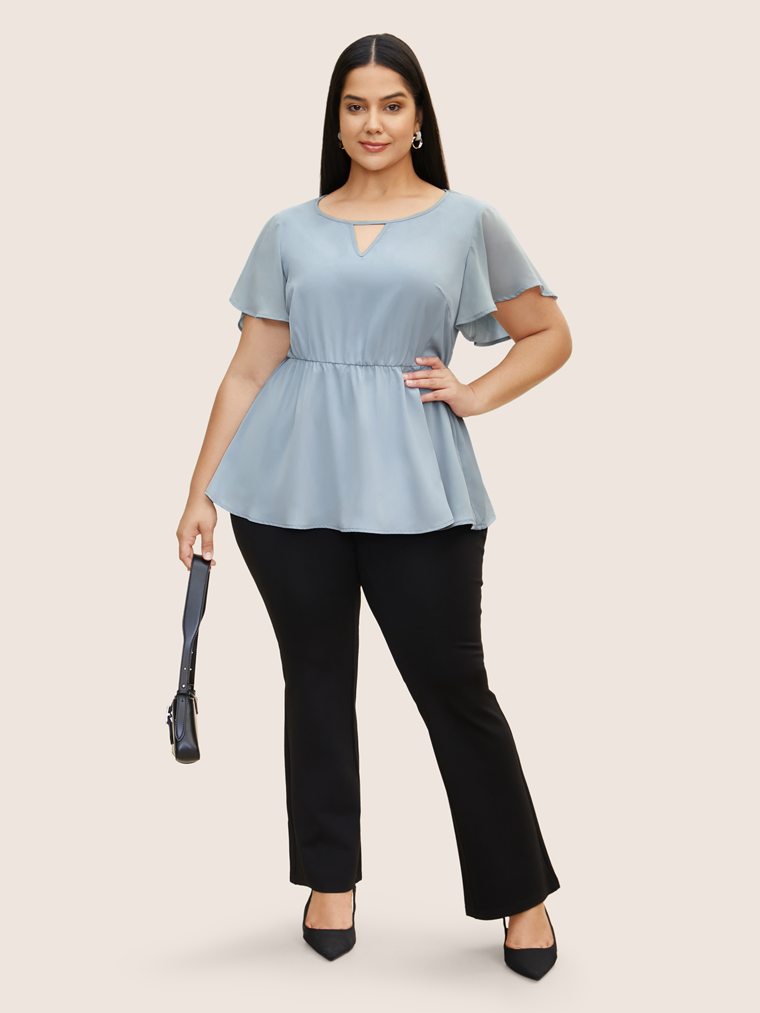 Plus Size Stone Round Neck Chiffon Patchwork Cut Out Blouse Women Work From Home Short sleeve Round Neck Work Blouses BloomChic 30/6X 
