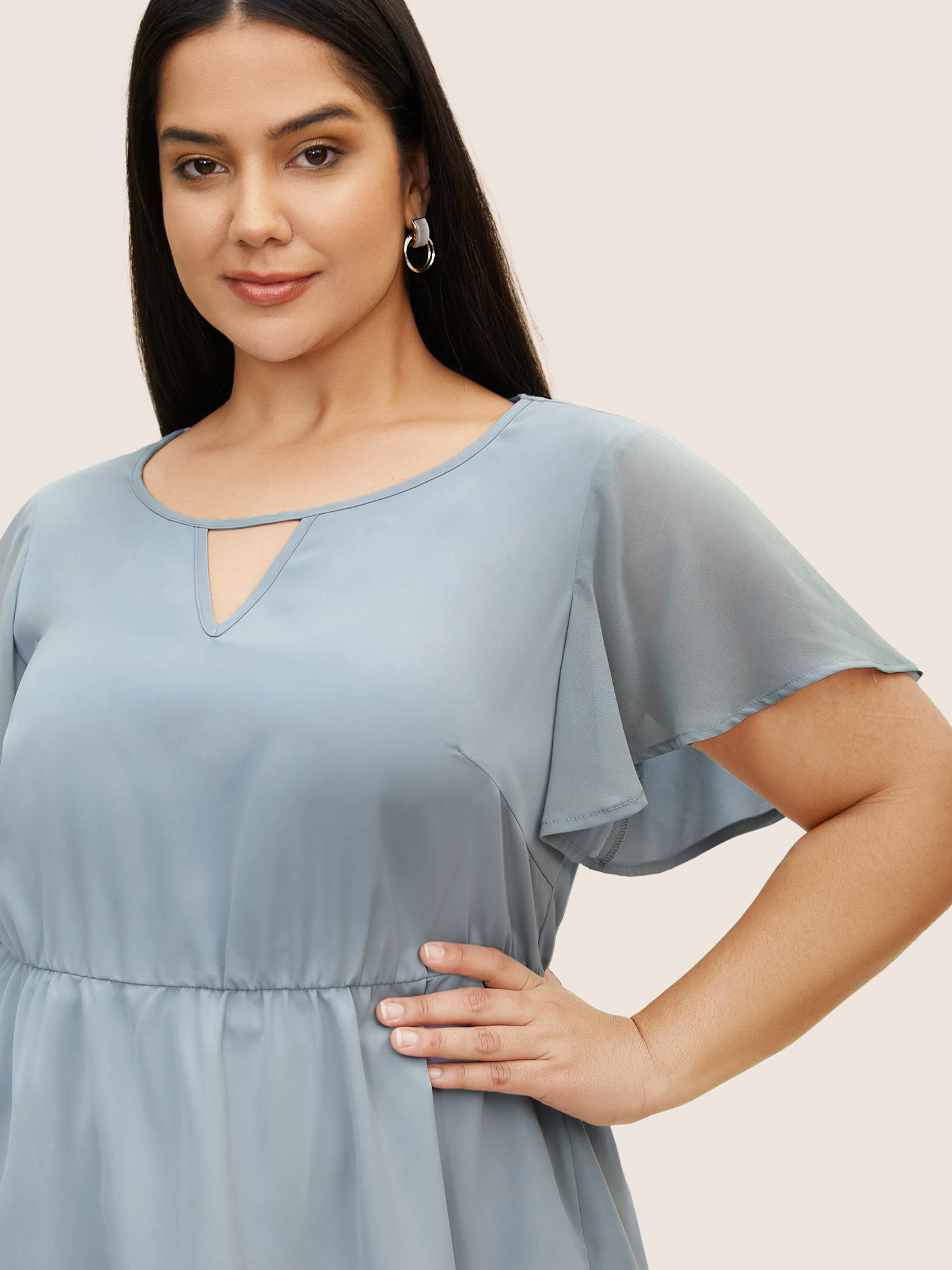 Plus Size Stone Round Neck Chiffon Patchwork Cut Out Blouse Women Work From Home Short sleeve Round Neck Work Blouses BloomChic 30/6X 