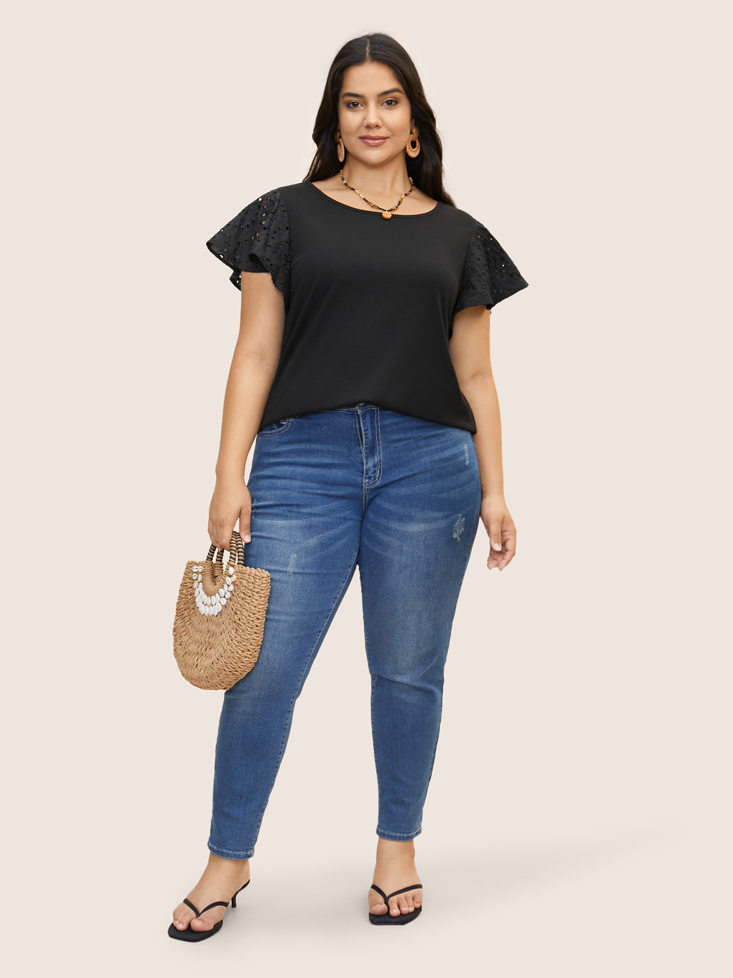 

Plus Size Solid Broderie Anglaise Ruffle Cap Sleeve T-shirt Black Women Resort Cut-Out Round Neck Vacation T-shirts BloomChic