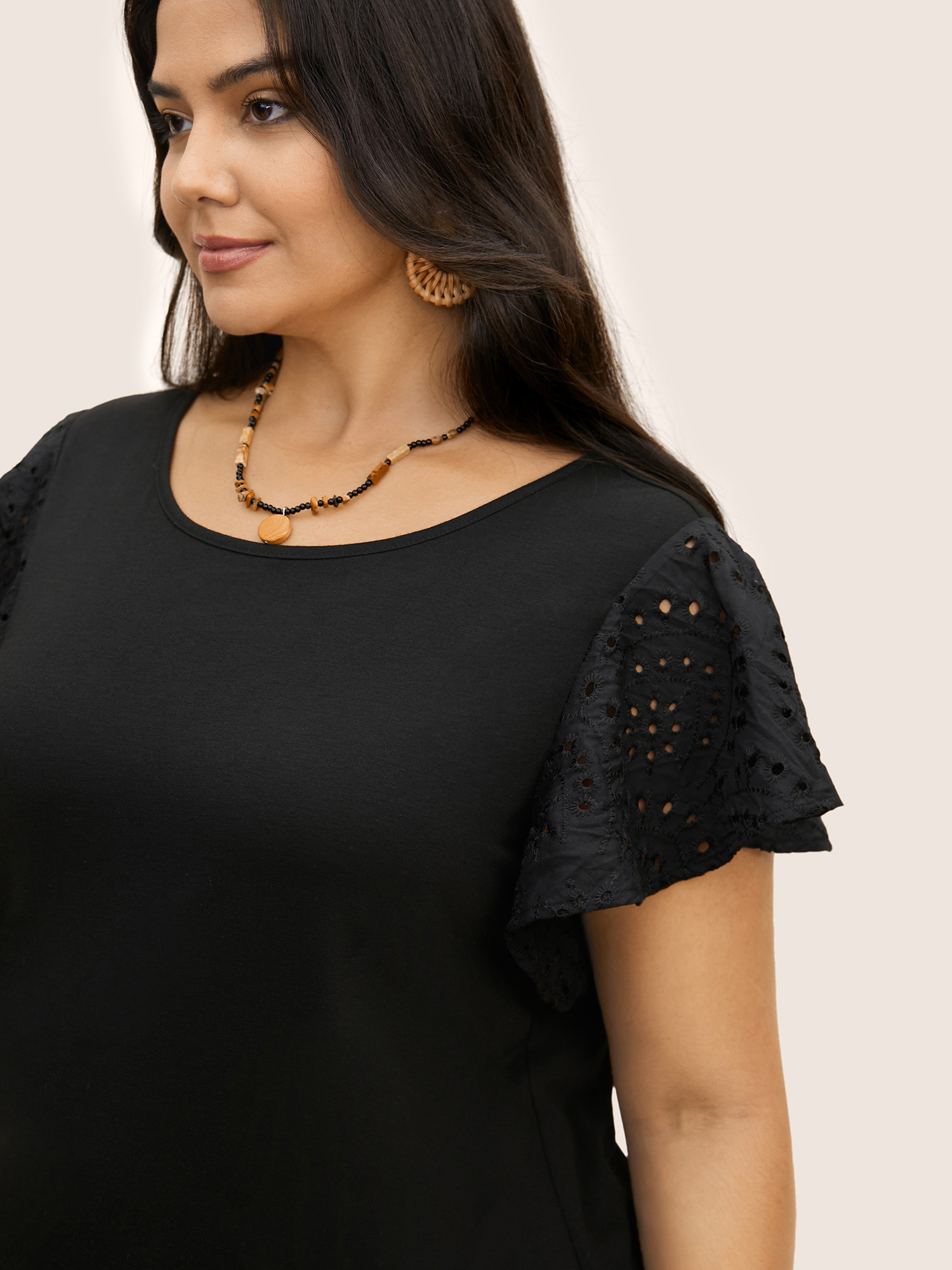 Plus Size Solid Broderie Anglaise Ruffle Cap Sleeve T-shirt Black Women Resort Cut-Out Round Neck Vacation T-shirts BloomChic 14-16/1X 