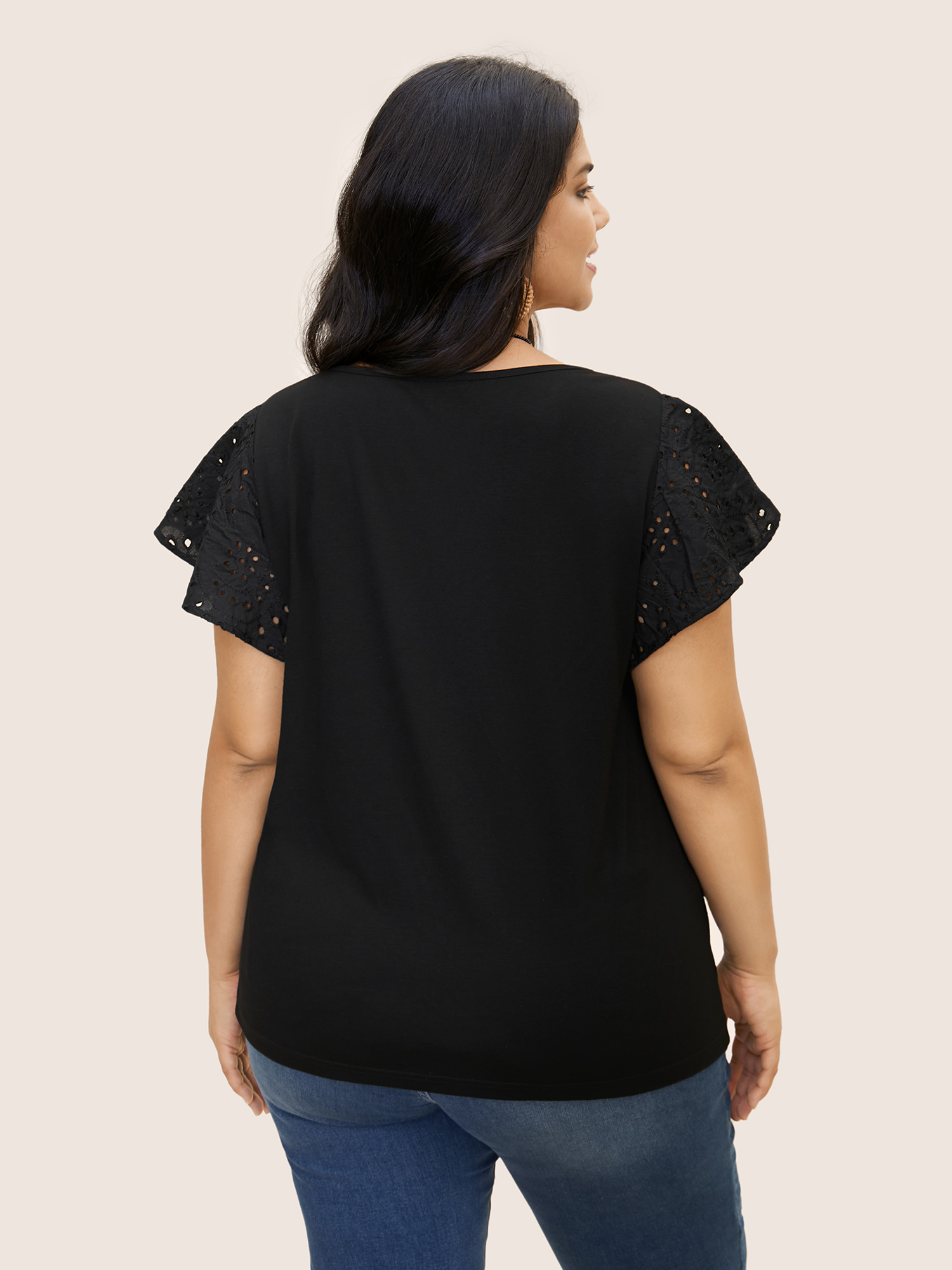 Plus Size Solid Broderie Anglaise Ruffle Cap Sleeve T-shirt Black Women Resort Cut-Out Round Neck Vacation T-shirts BloomChic 14-16/1X 