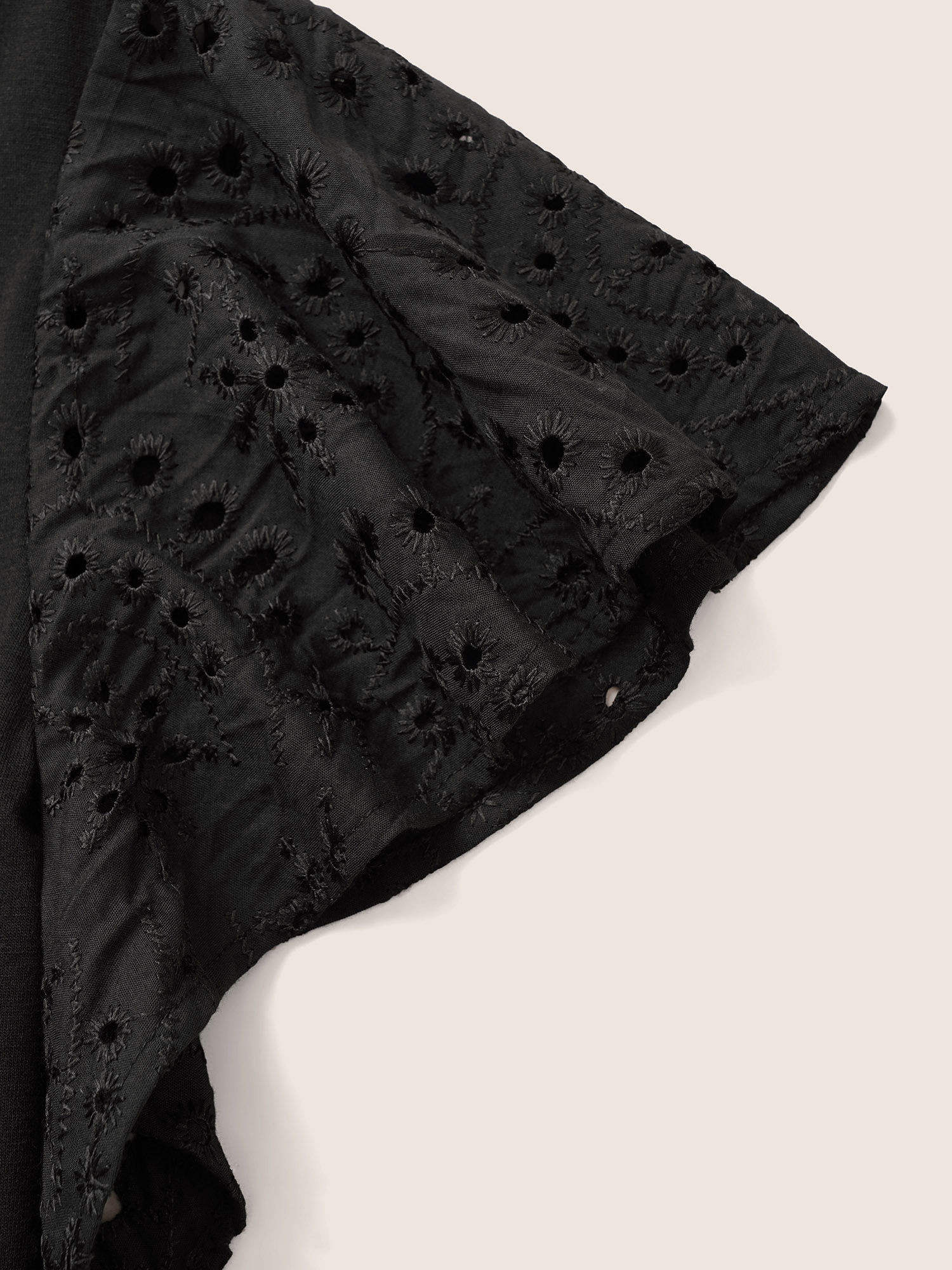 Plus Size Solid Broderie Anglaise Ruffle Cap Sleeve T-shirt Black Women Resort Cut-Out Round Neck Vacation T-shirts BloomChic 14-16/1X 