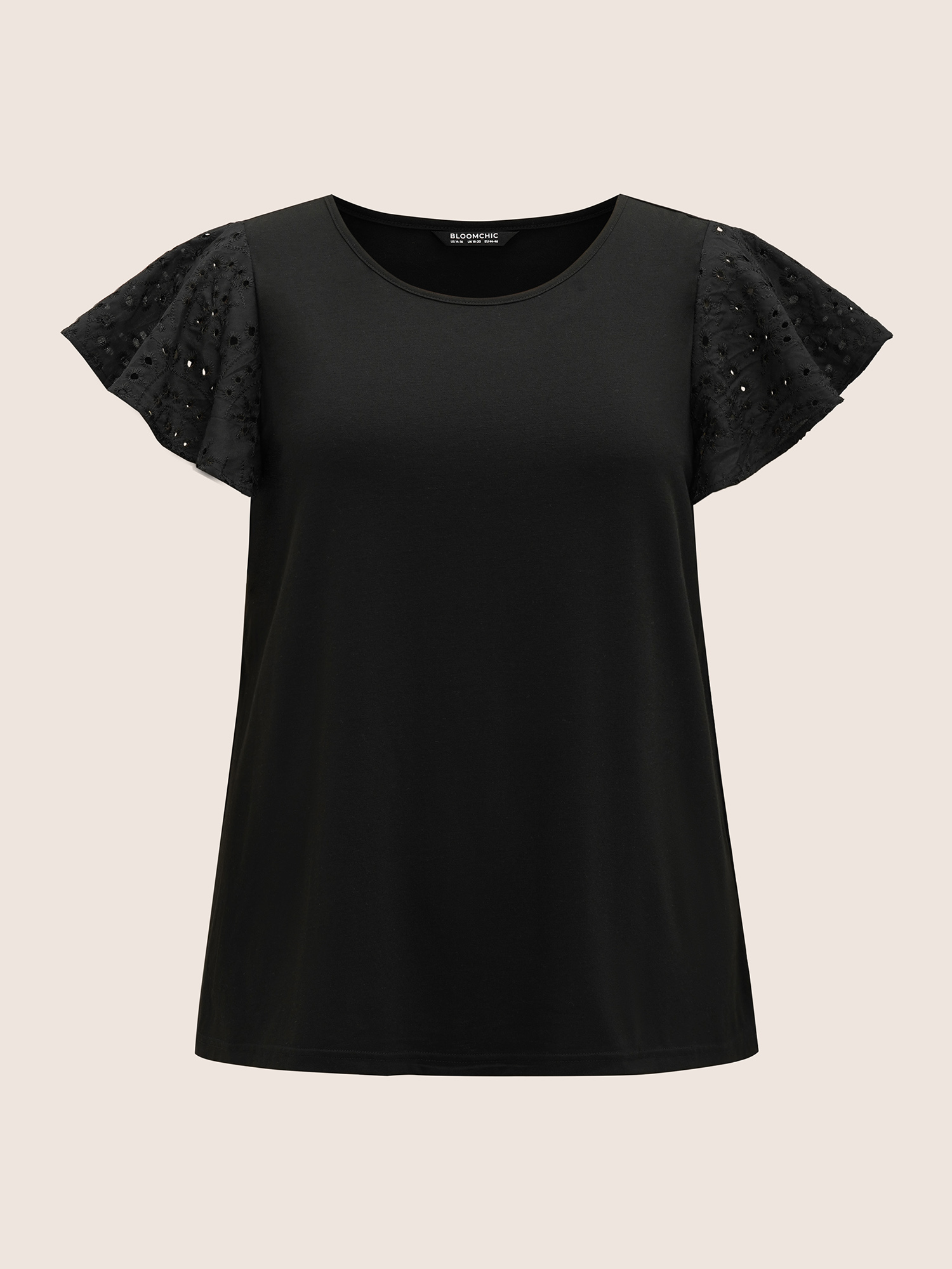 Plus Size Solid Broderie Anglaise Ruffle Cap Sleeve T-shirt Black Women Resort Cut-Out Round Neck Vacation T-shirts BloomChic 14-16/1X 