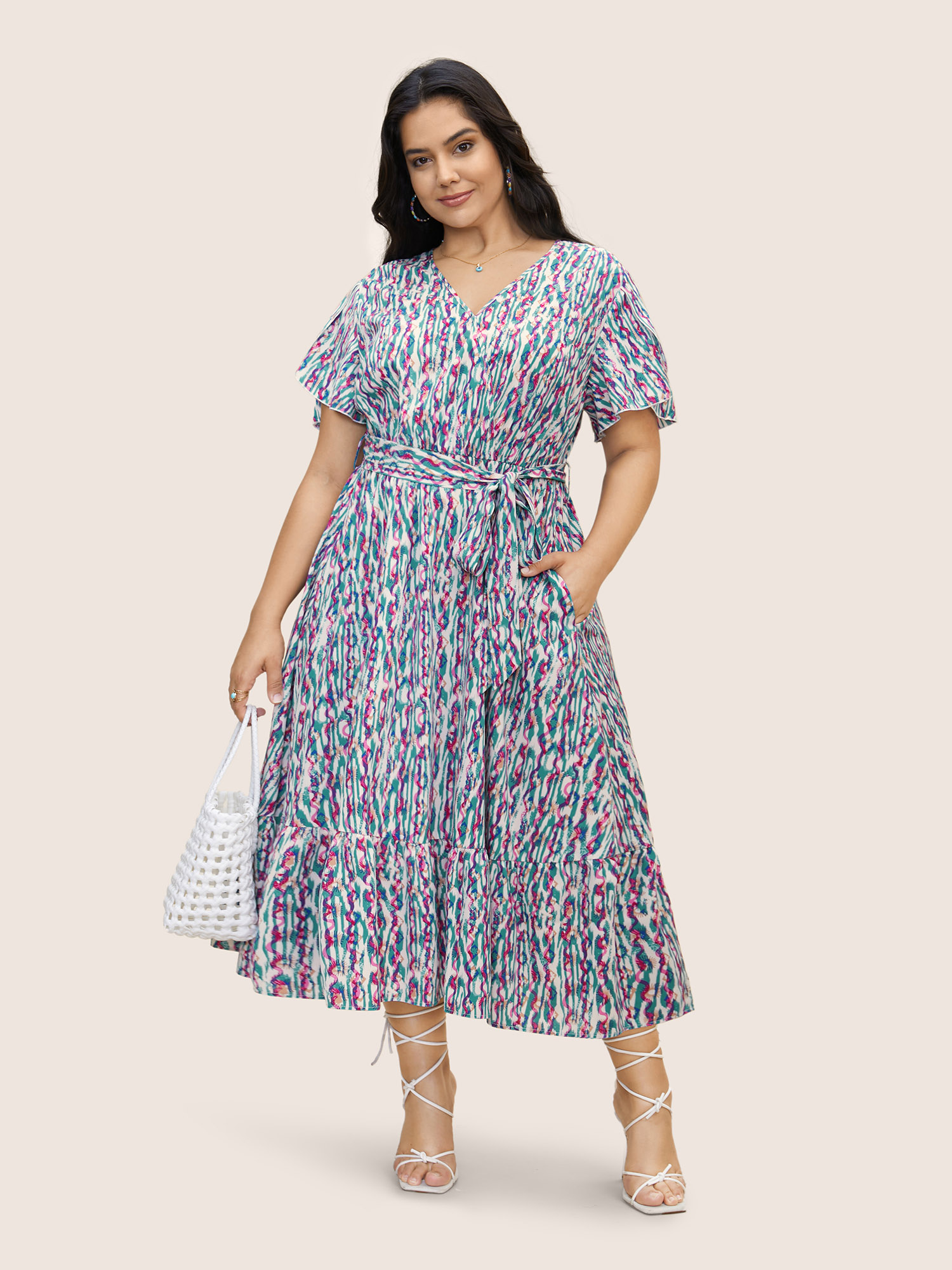 

Plus Size V Neck Striped Belted Petal Sleeve Dress Turquoise Women Resort Belted V-neck Short sleeve Curvy BloomChic