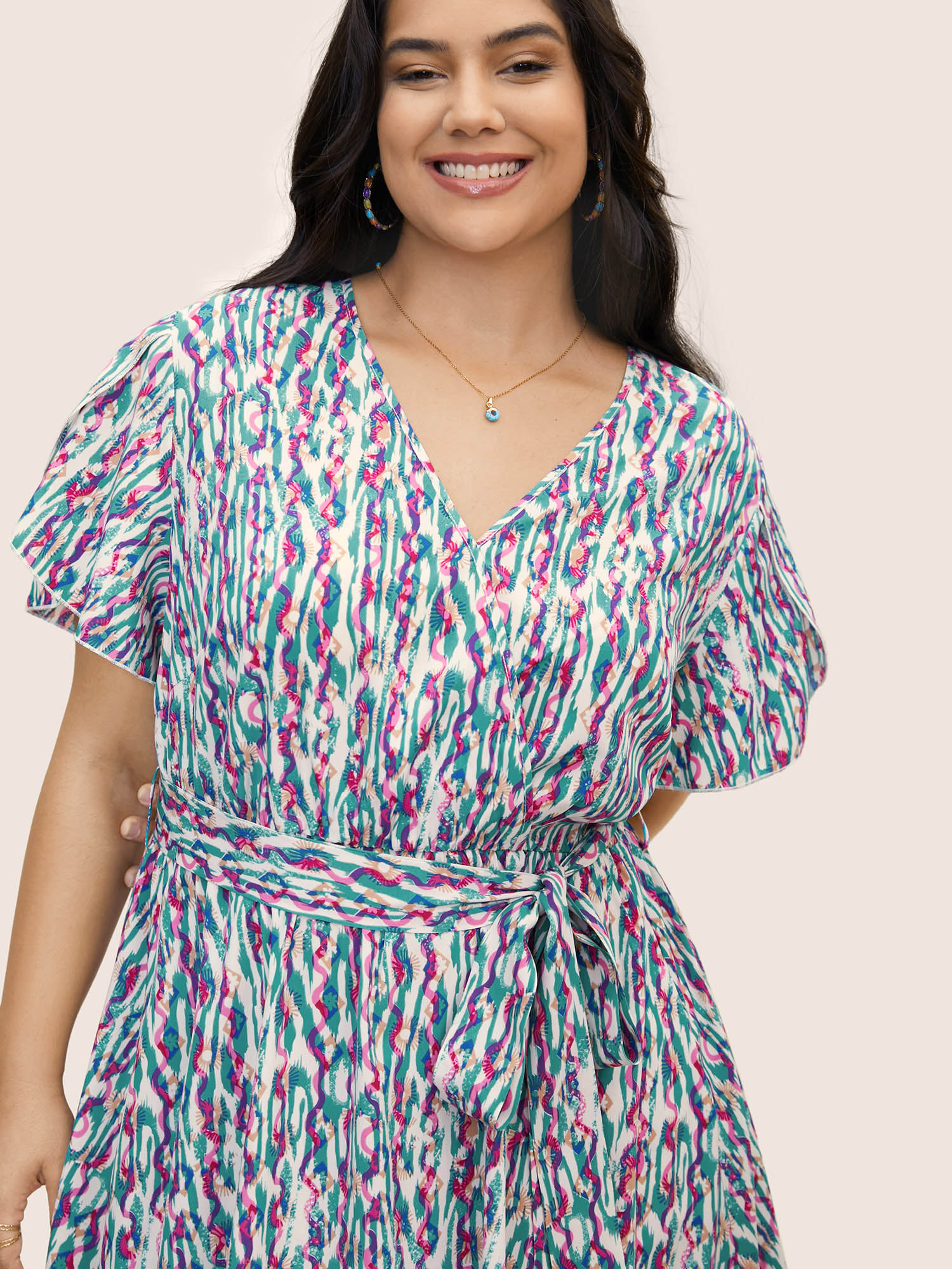 Plus Size V Neck Striped Belted Petal Sleeve Dress Turquoise Women Resort Belted V-neck Short sleeve Curvy BloomChic 22-24/3X 