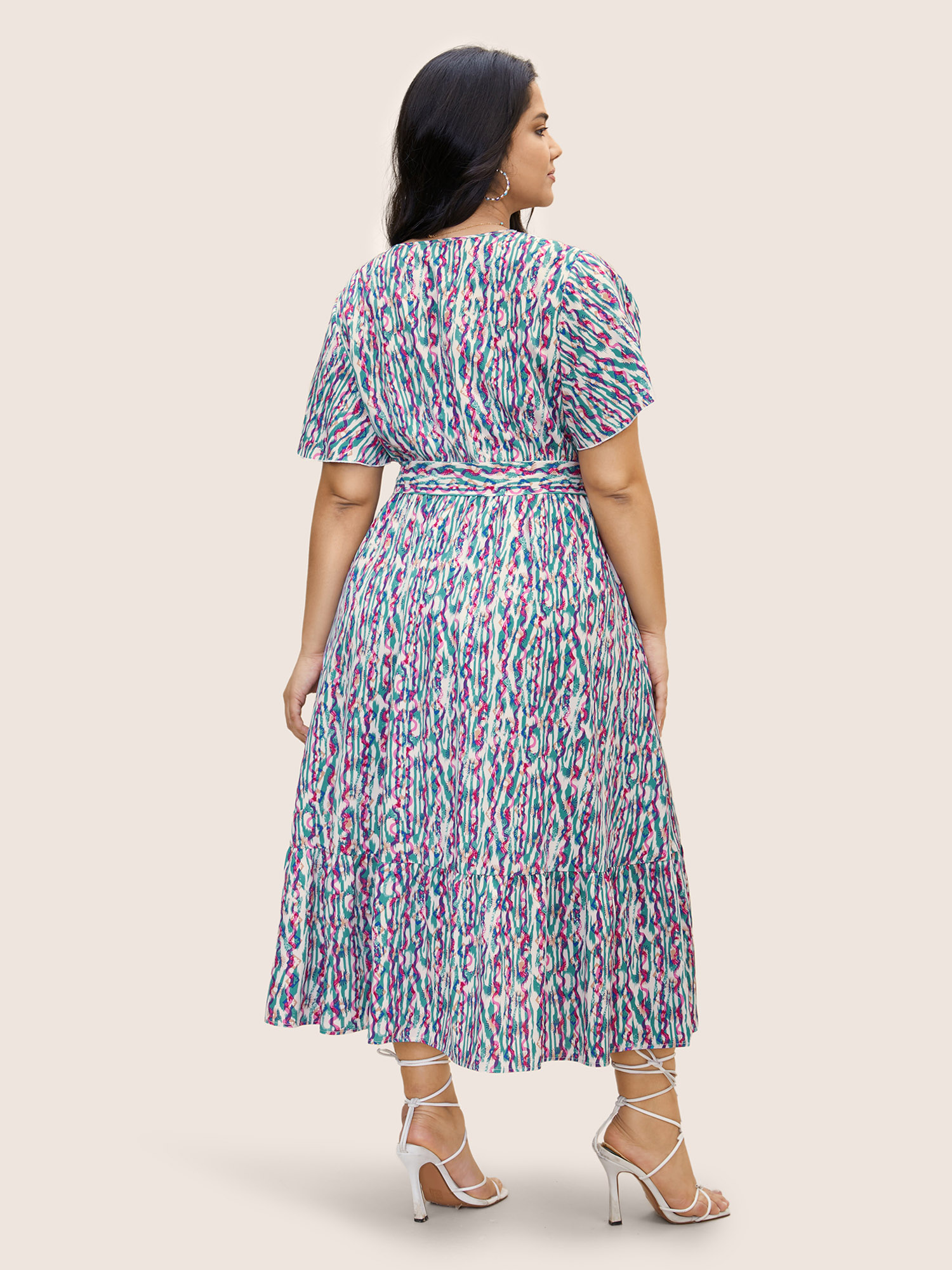 Plus Size V Neck Striped Belted Petal Sleeve Dress Turquoise Women Resort Belted V-neck Short sleeve Curvy BloomChic 22-24/3X 