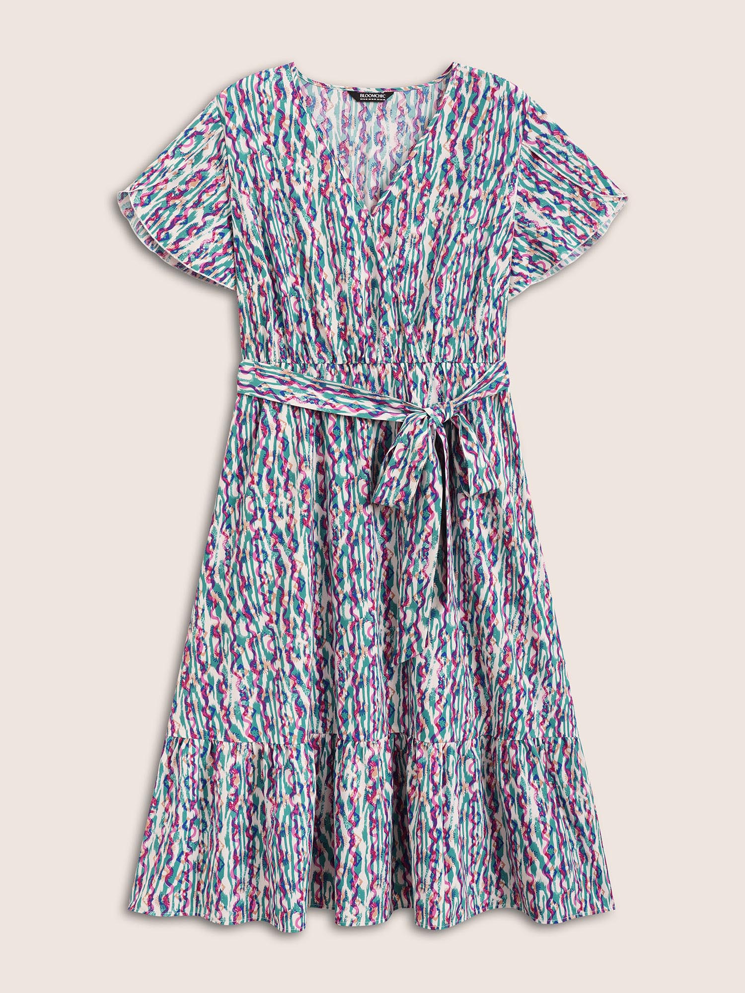 Plus Size V Neck Striped Belted Petal Sleeve Dress Turquoise Women Resort Belted V-neck Short sleeve Curvy BloomChic 22-24/3X 