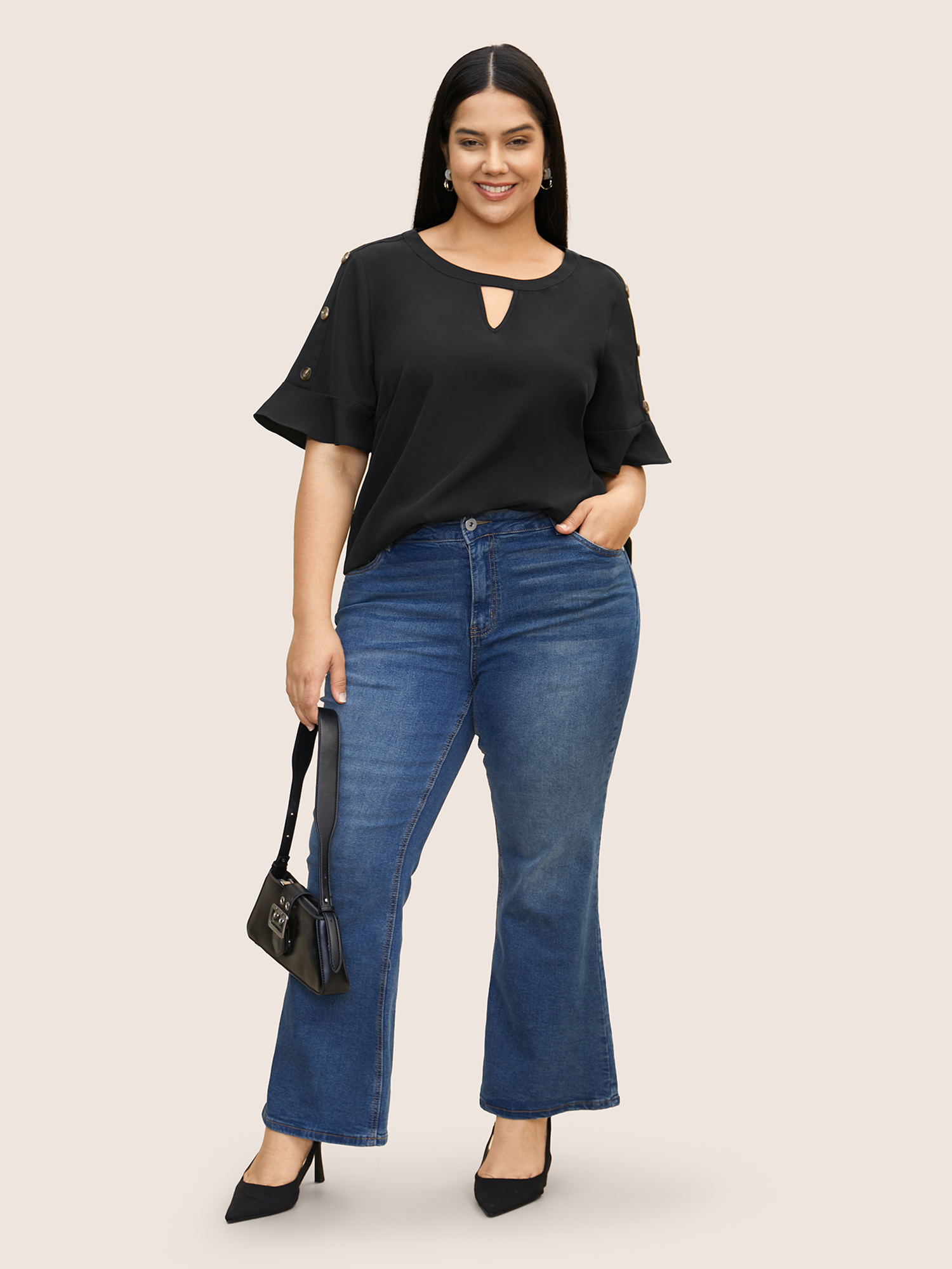 

Plus Size Black Solid Cut Out Ruffles Button Detail Blouse Women Work From Home Short sleeve Round Neck Work Blouses BloomChic