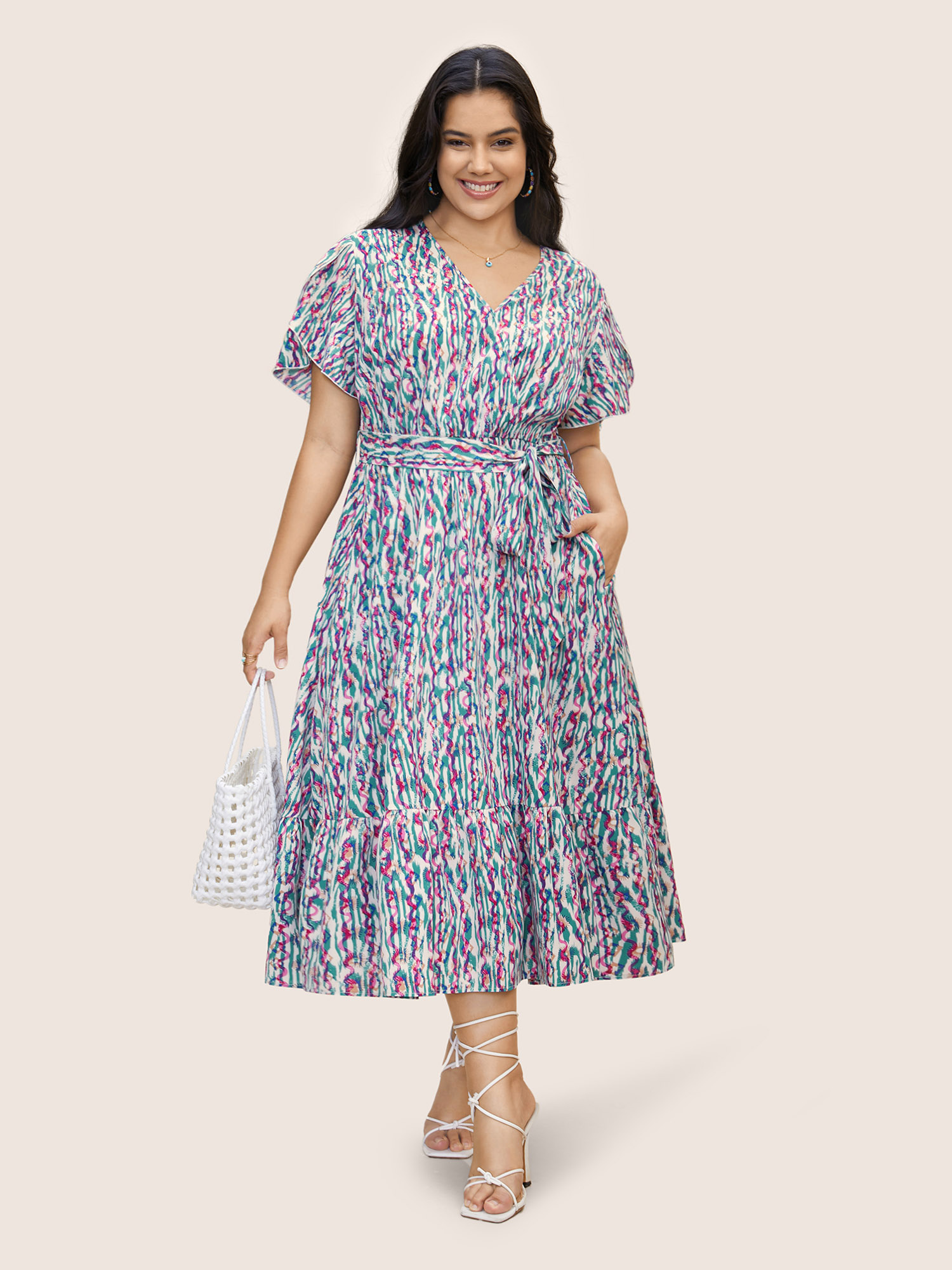 Plus Size V Neck Striped Belted Petal Sleeve Dress Turquoise Women Resort Belted V-neck Short sleeve Curvy BloomChic 22-24/3X 