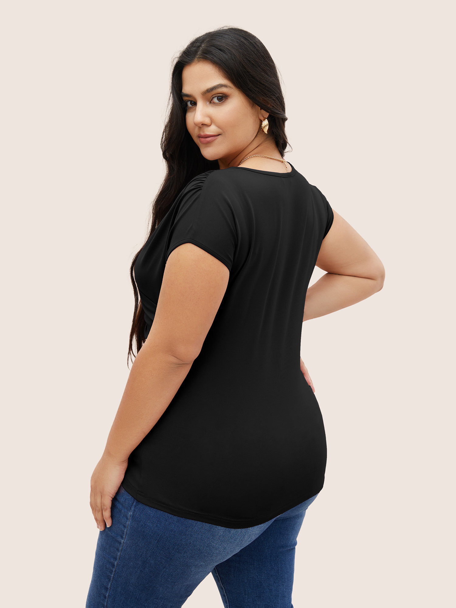 

Plus Size Plain Ruched Overlap Collar Dolman Sleeve Knit Top Black Women Elegant Overlapping Deep V-neck Everyday T-shirts BloomChic