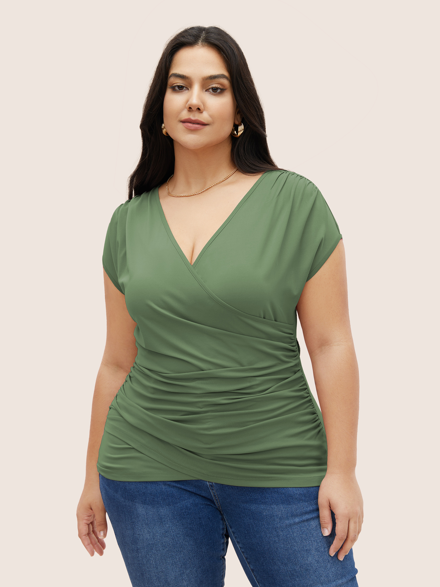 

Plus Size Plain Ruched Overlap Collar Dolman Sleeve Knit Top Sage Women Elegant Overlapping Deep V-neck Everyday T-shirts BloomChic