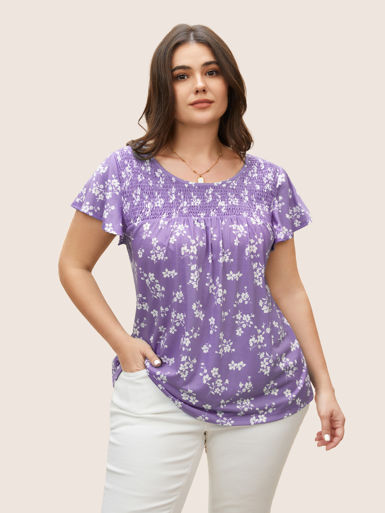 

Plus Size Round Neck Floral Print Shirred T-shirt Mauve Round Neck Short sleeve Elegant Jersey Tops