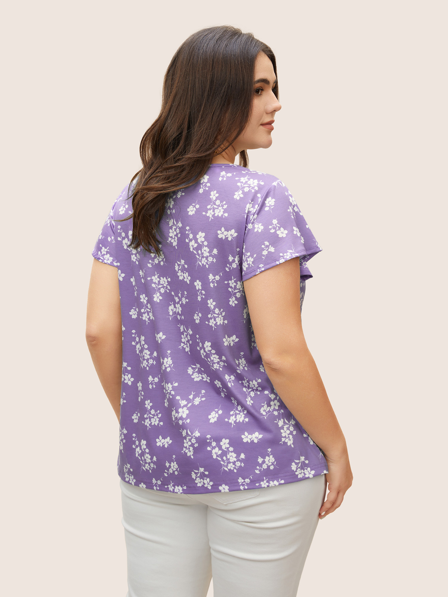 

Plus Size Round Neck Floral Print Shirred T-shirt Mauve Women Elegant Contrast Natural Flowers Round Neck Everyday T-shirts BloomChic