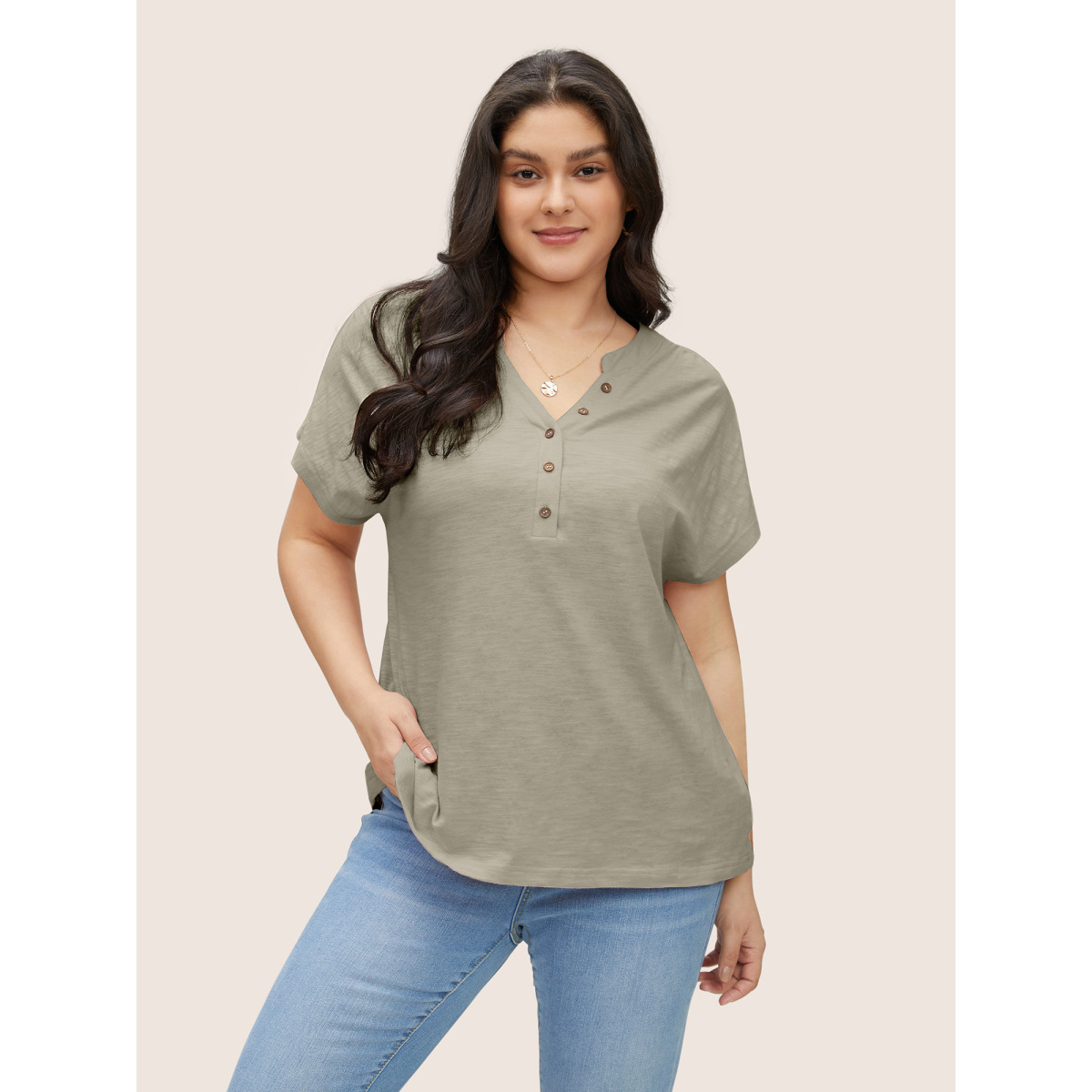 

Plus Size Cotton Solid Notched Dolman Sleeve T-shirt Mediumgray Women Casual Non Plain Notched collar Everyday T-shirts BloomChic