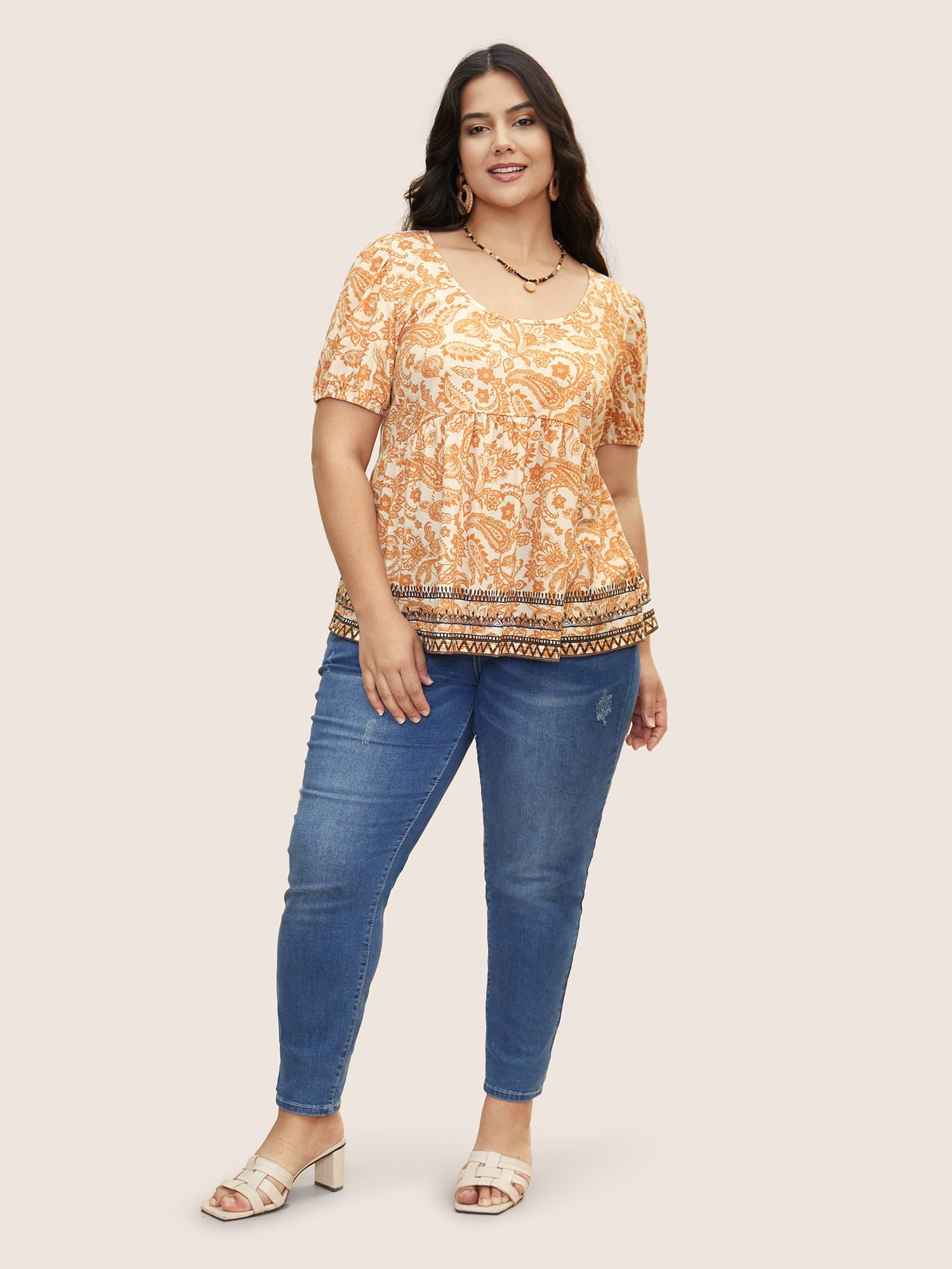 Plus Size Boho Print Contrast Puff Sleeve T-shirt Lightorange Women Resort Contrast Art&design U-neck Vacation T-shirts BloomChic 12/L 