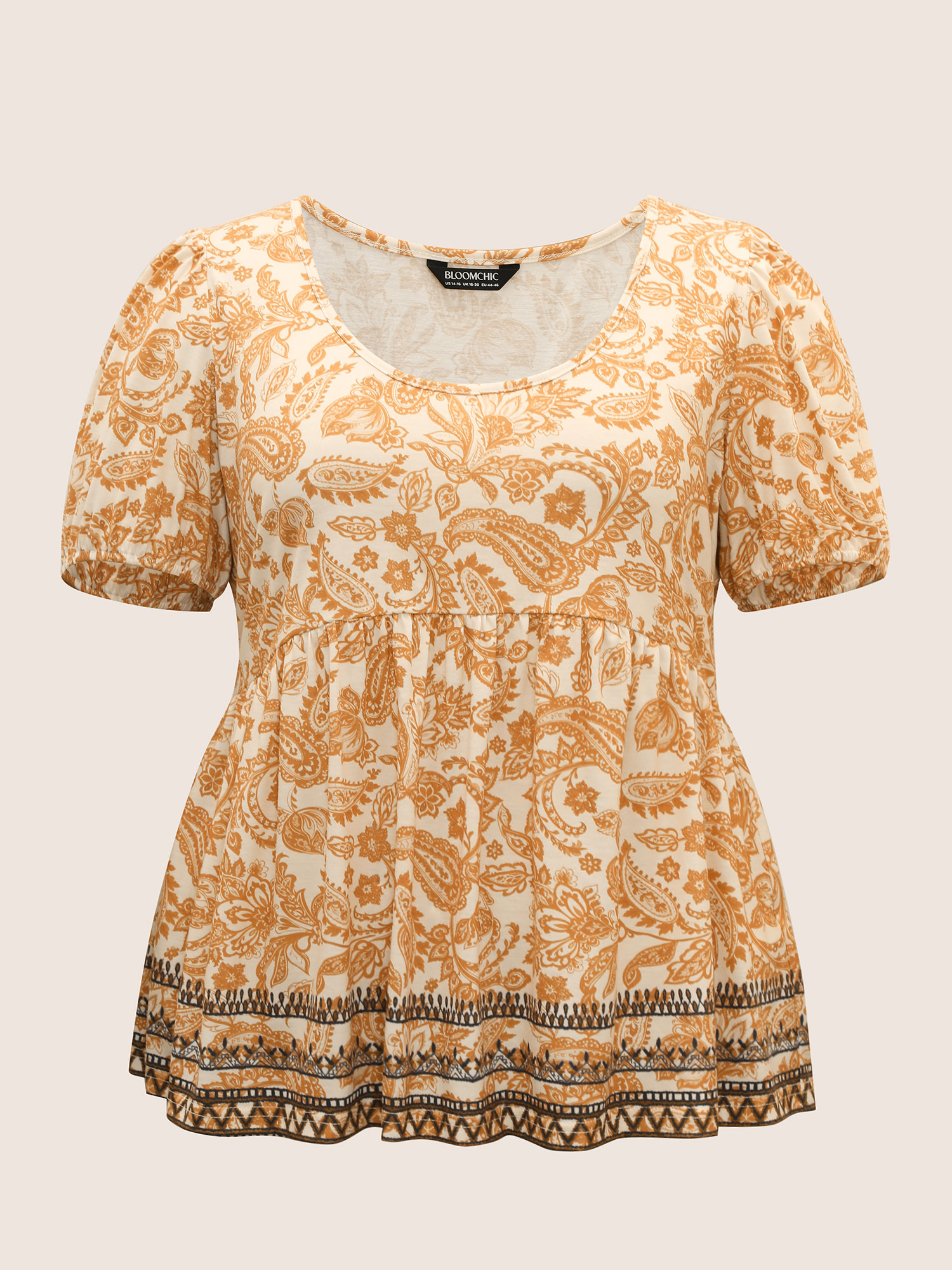 Plus Size Boho Print Contrast Puff Sleeve T-shirt Lightorange Women Resort Contrast Art&design U-neck Vacation T-shirts BloomChic 12/L 
