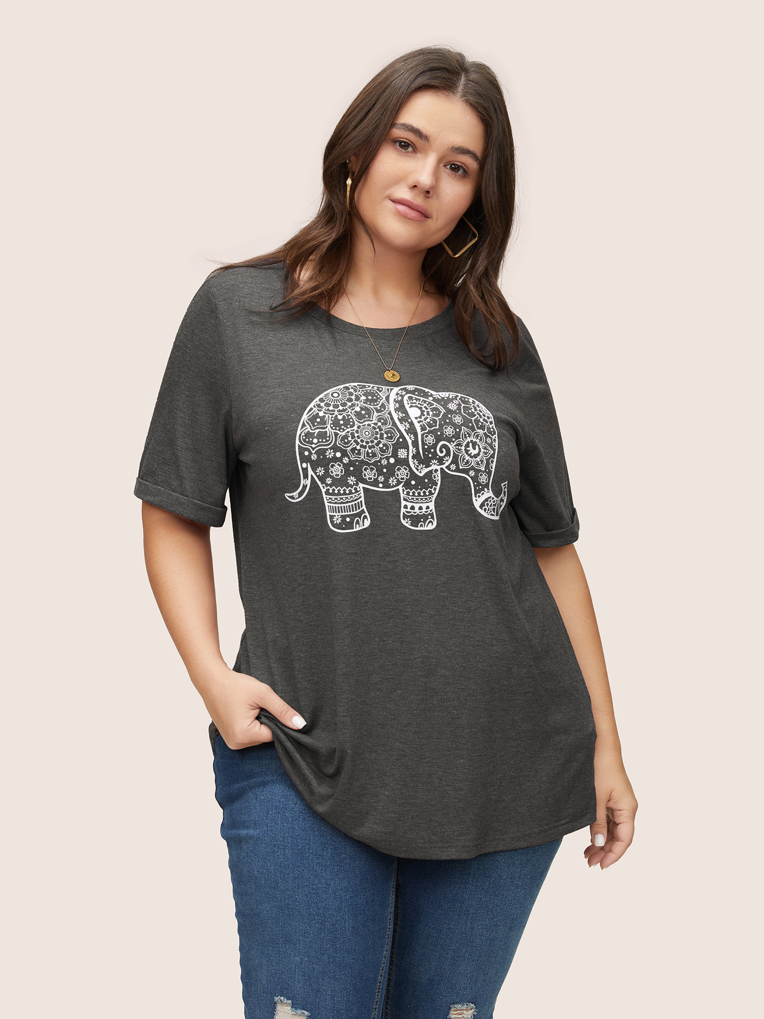 

Plus Size Art & Design Elephant Print T-shirt DimGray Women Casual Non Art&design Round Neck Everyday T-shirts BloomChic