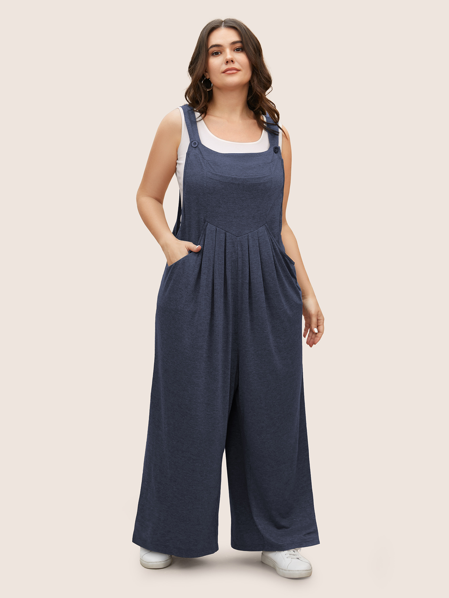Plus Size Navy Supersoft Essentials Solid Pleated Pocket Jumpsuit Women Casual Sleeveless Non Everyday Loose Jumpsuits BloomChic 10/M 
