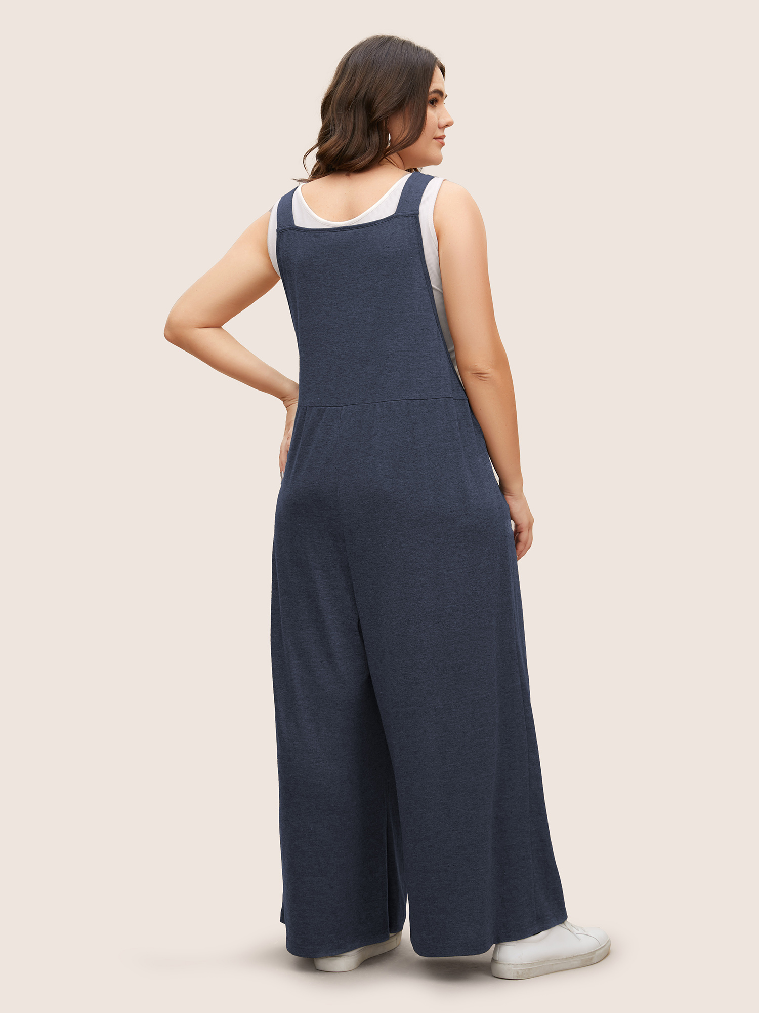 Plus Size Navy Supersoft Essentials Solid Pleated Pocket Jumpsuit Women Casual Sleeveless Non Everyday Loose Jumpsuits BloomChic 10/M 