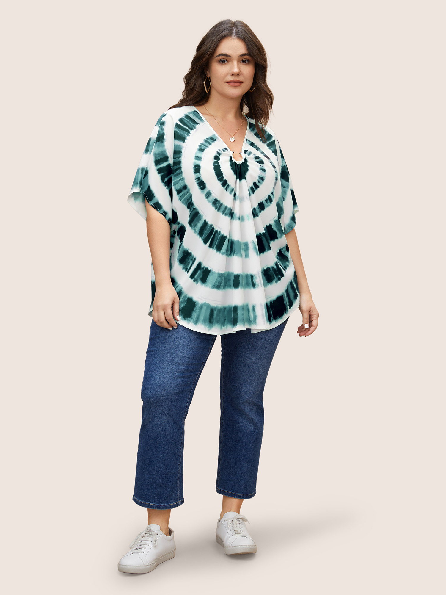 Plus Size Emerald Tie Dye Metal Detail Batwing Sleeve Blouse Women Casual Half Sleeve V-neck Everyday Blouses BloomChic 10/M 