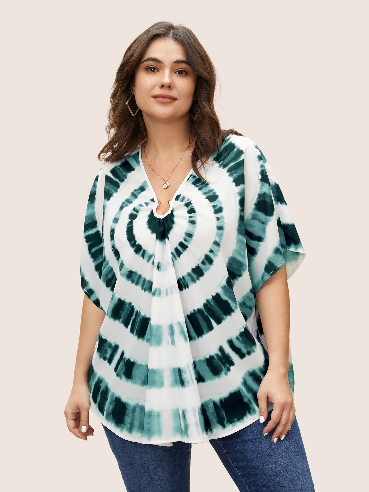 

Plus Size Emerald Tie Dye Metal Detail Batwing Sleeve Blouse Women Casual Half Sleeve V-neck Everyday Blouses BloomChic