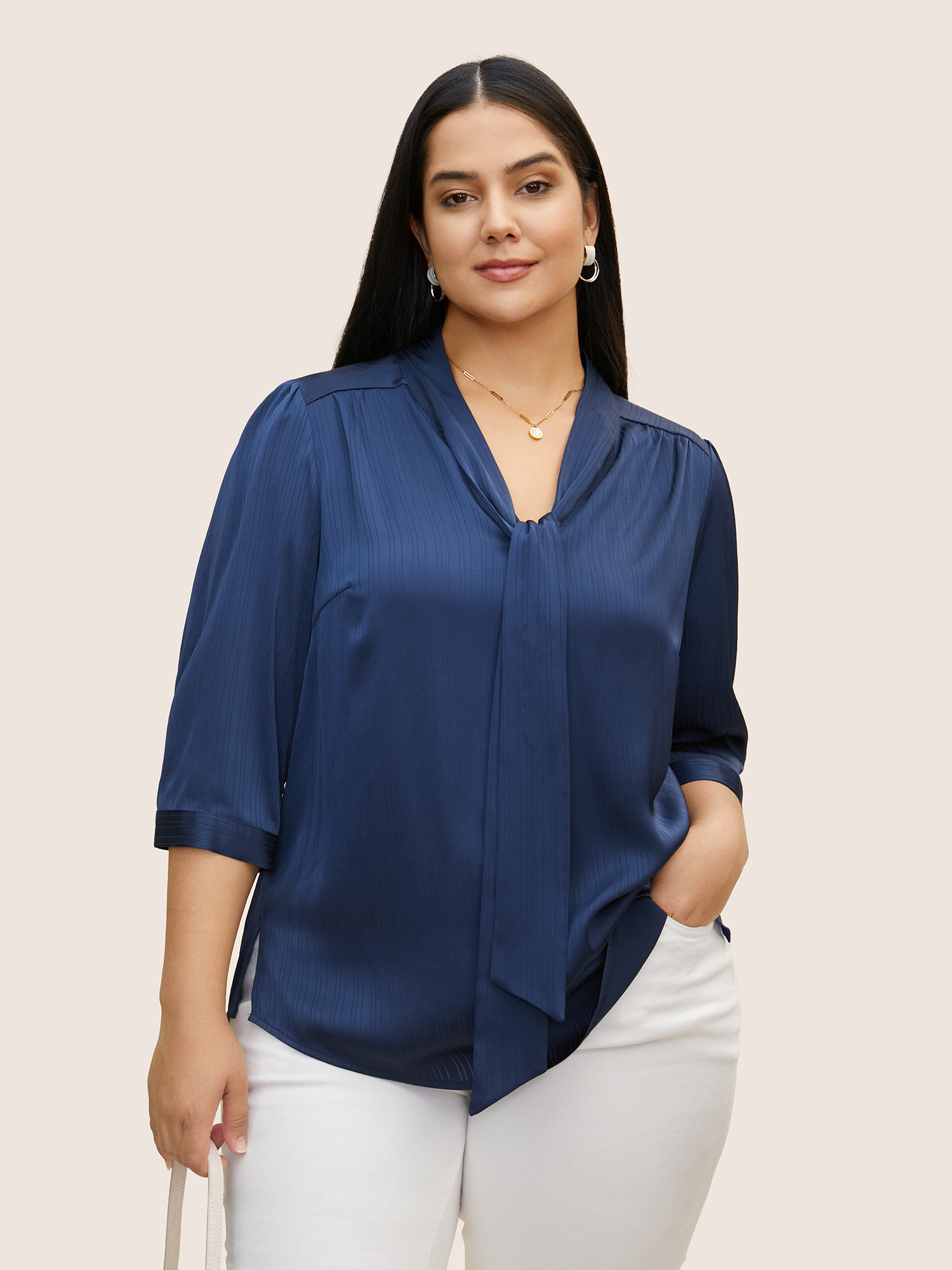 

Plus Size DarkBlue Ribbon Tied Collar Gathered Split Hem Blouse Women Work From Home Elbow-length sleeve Ribbon-tied collar Work Blouses BloomChic