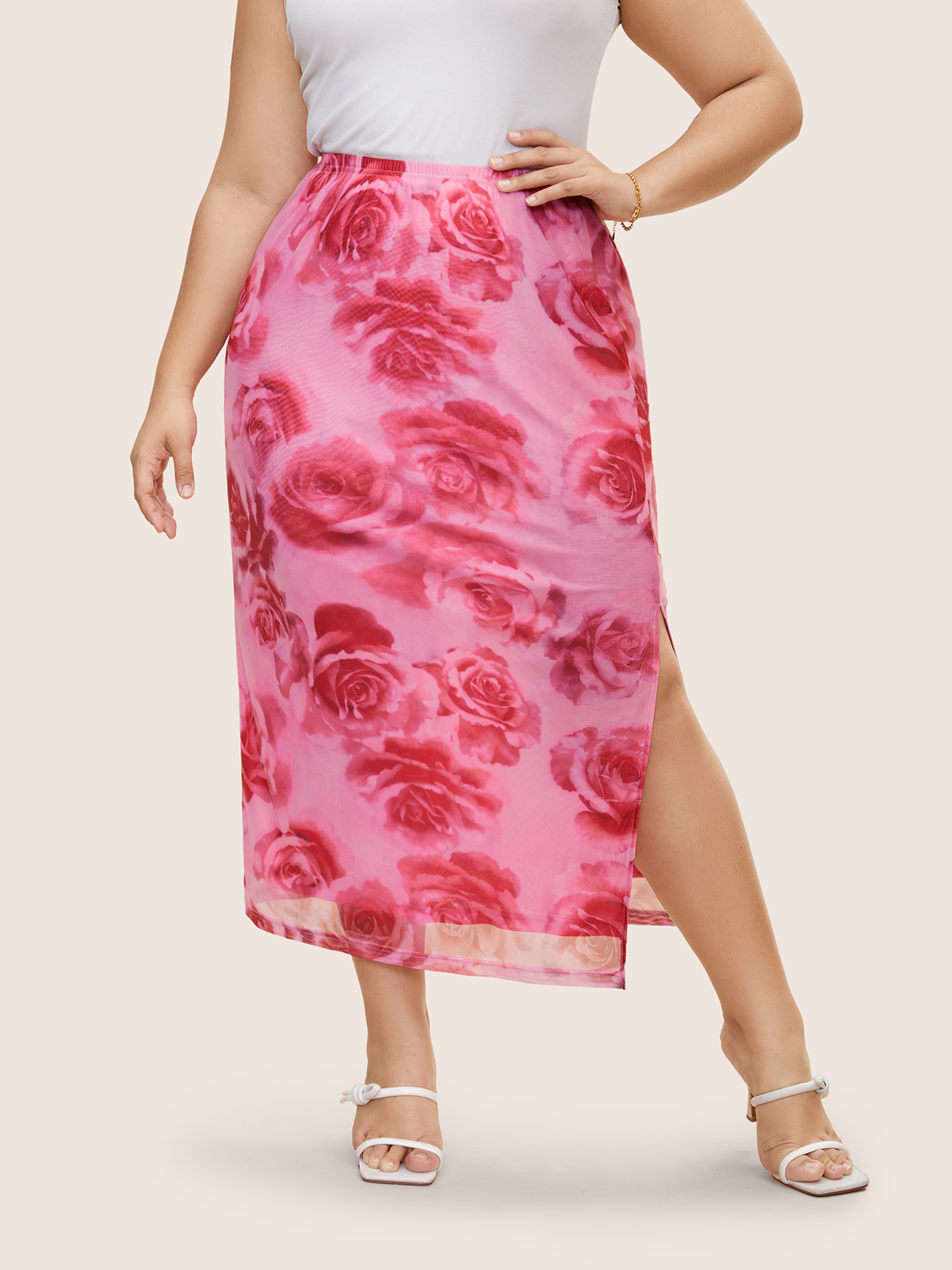 

Plus Size Floral Mesh Split Side Cropped Skirt Women Watermelon Elegant Non Low stretch Everyday Skirts BloomChic