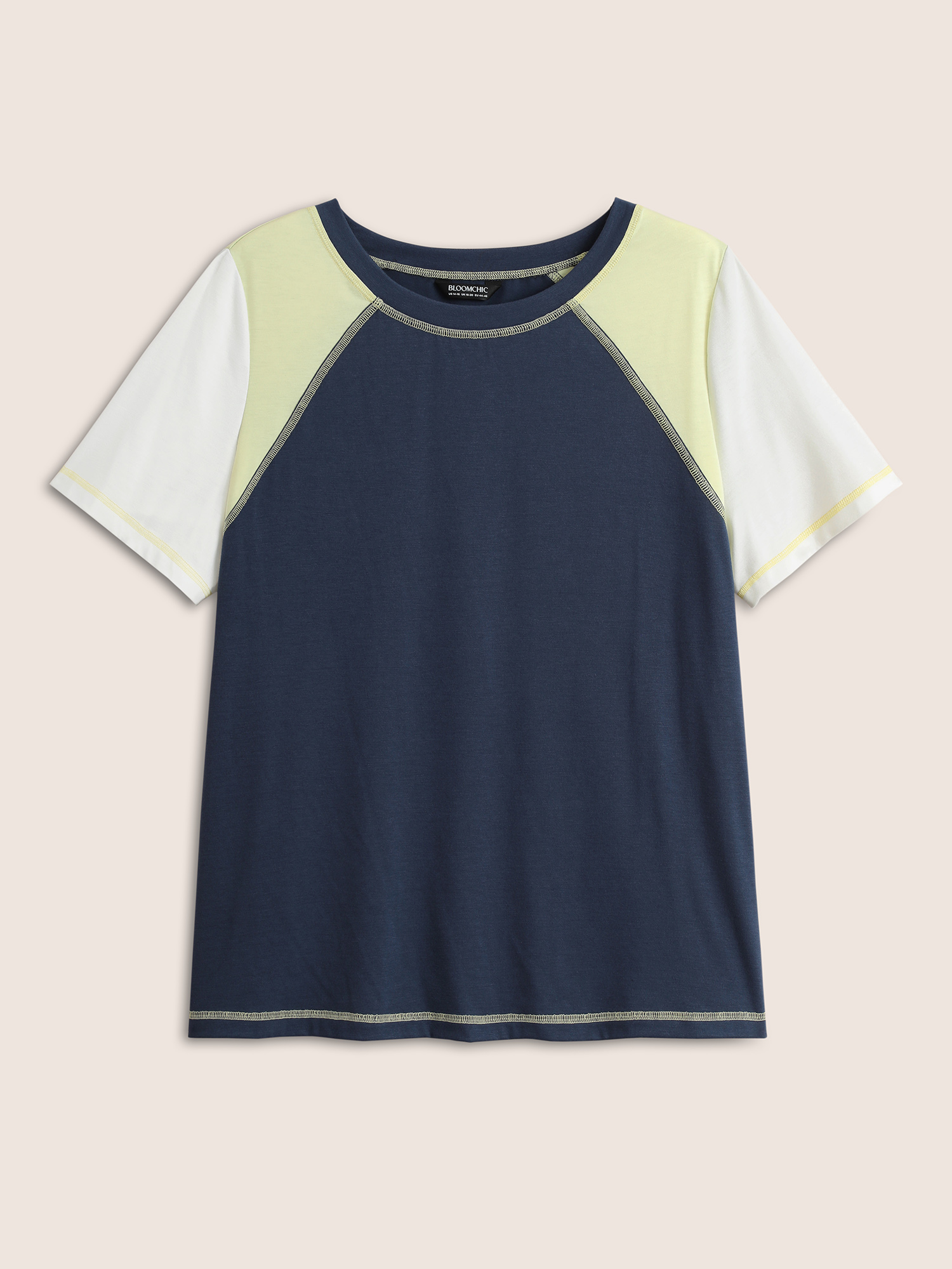 

Plus Size Round Neck Contrast Patchwork Quilted T-shirt Navy Women Casual Contrast Round Neck Everyday T-shirts BloomChic