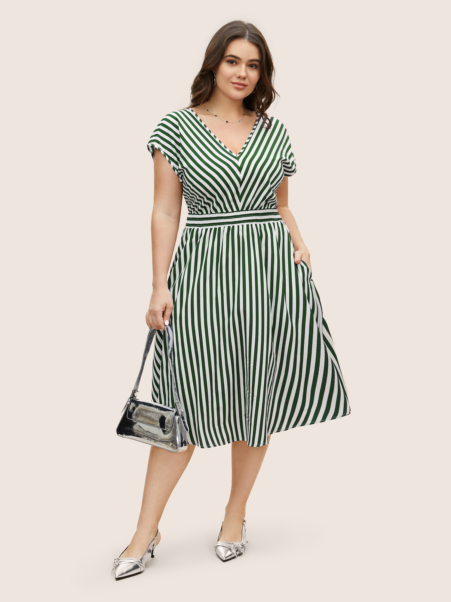 

Plus Size Striped Shirred Dolman Sleeve Dress Truegreen Women At the Office V-neck Cap Sleeve Curvy BloomChic