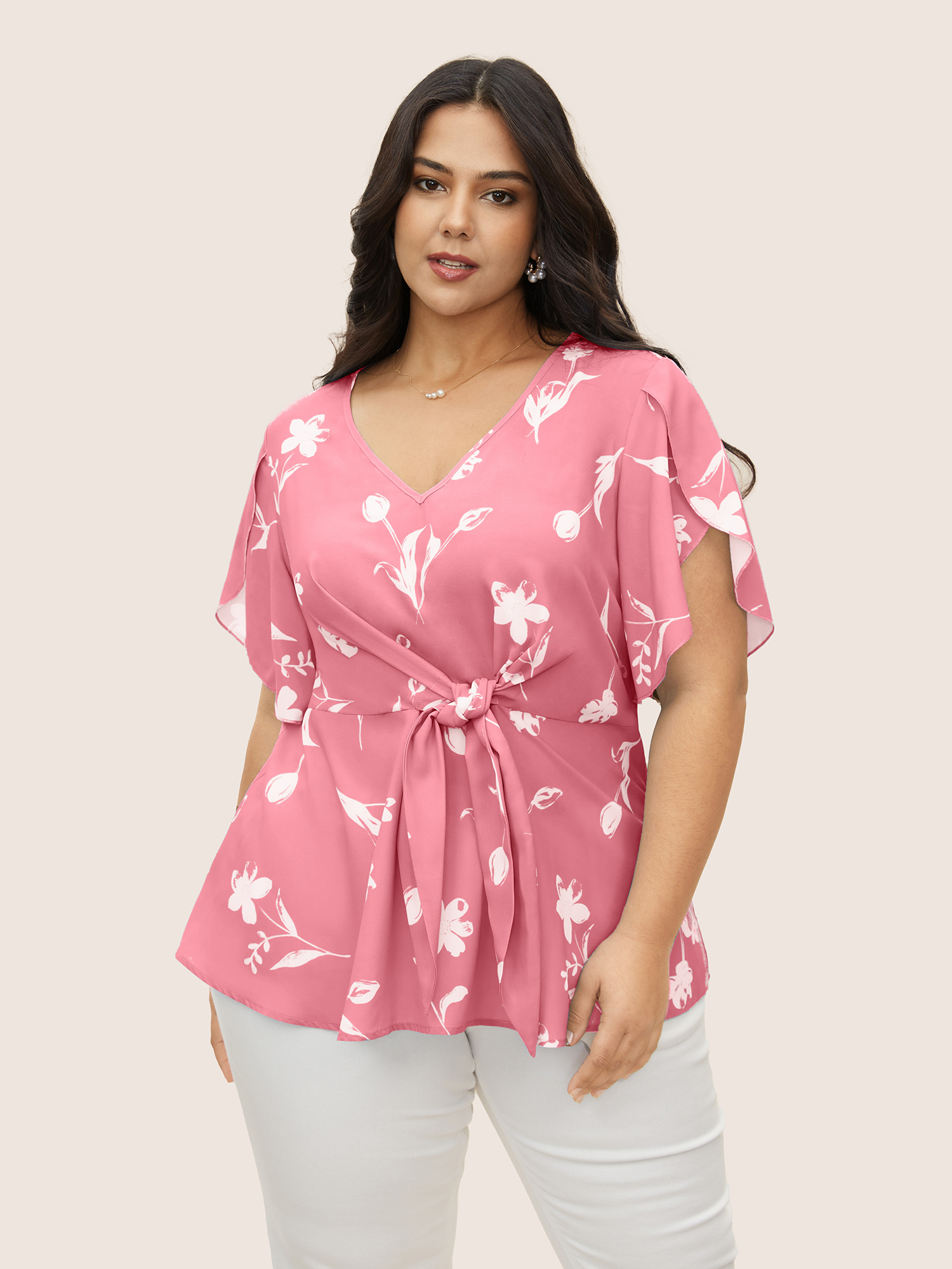 

Plus Size Beanpastepowder Floral Tie Knot Petal Sleeve Blouse Women Elegant Short sleeve V-neck Everyday Blouses BloomChic