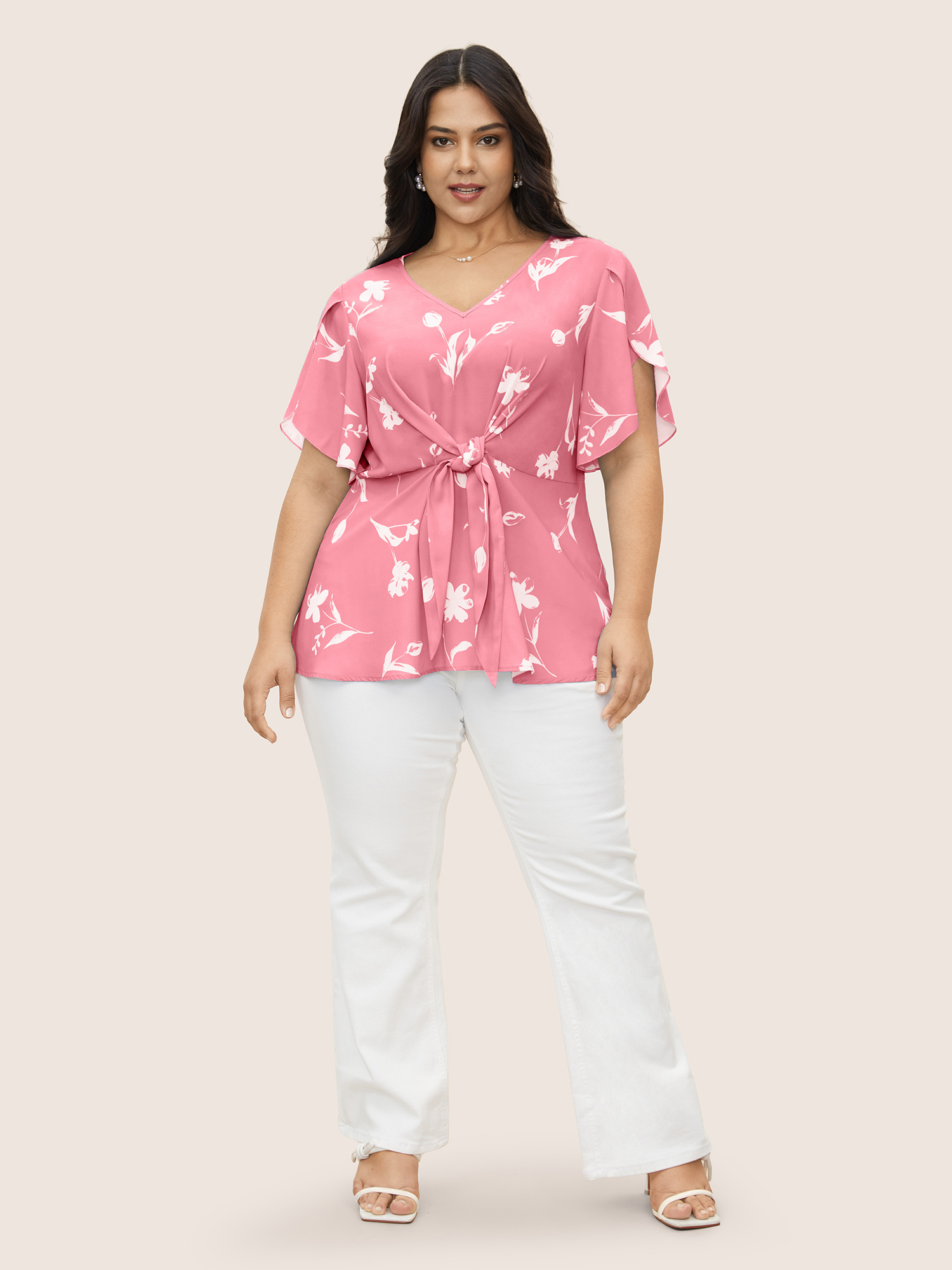 

Plus Size Beanpastepowder Floral Tie Knot Petal Sleeve Blouse Women Elegant Short sleeve V-neck Everyday Blouses BloomChic