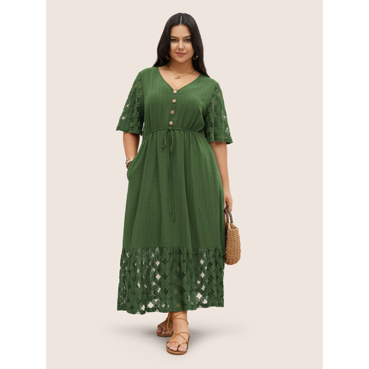 

Plus Size Crochet Lace Mesh Button Detail Drawstring Dress Emerald Women Tie knot V-neck Half Sleeve Curvy Midi Dress BloomChic