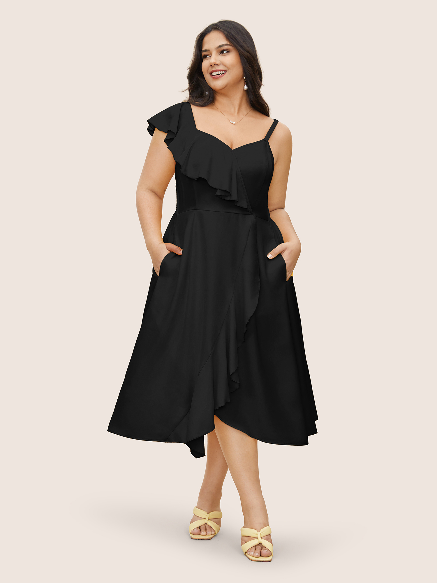 

Plus Size Citrus Solid Ruffle Trim Surplice Neck Dress Black Women Elegant Overlapping V-neck Sleeveless Curvy Midi Dress BloomChic