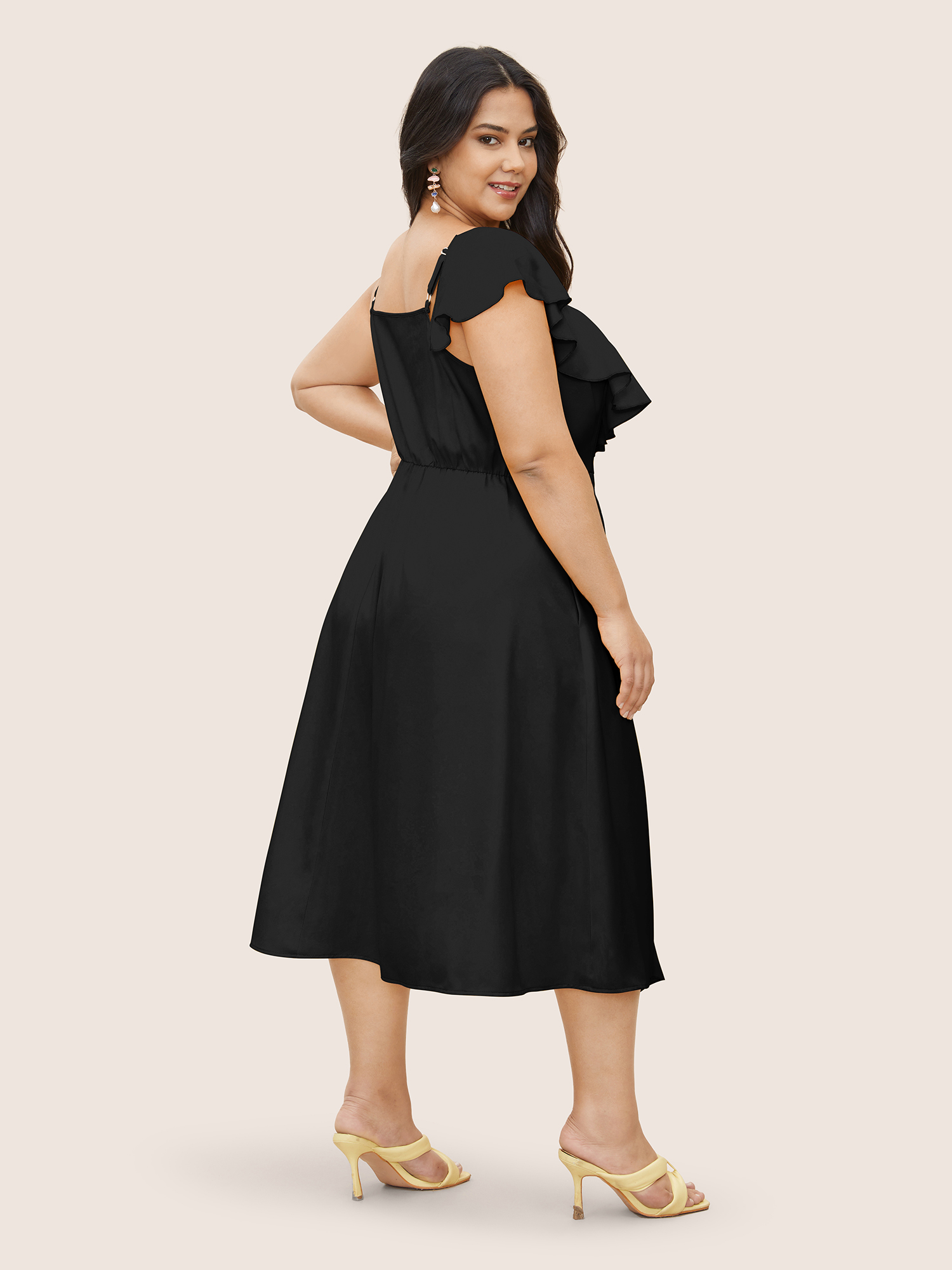 Plus Size Citrus Solid Ruffle Trim Surplice Neck Dress Black Women Elegant Overlapping V-neck Sleeveless Curvy Midi Dress BloomChic 10/M 